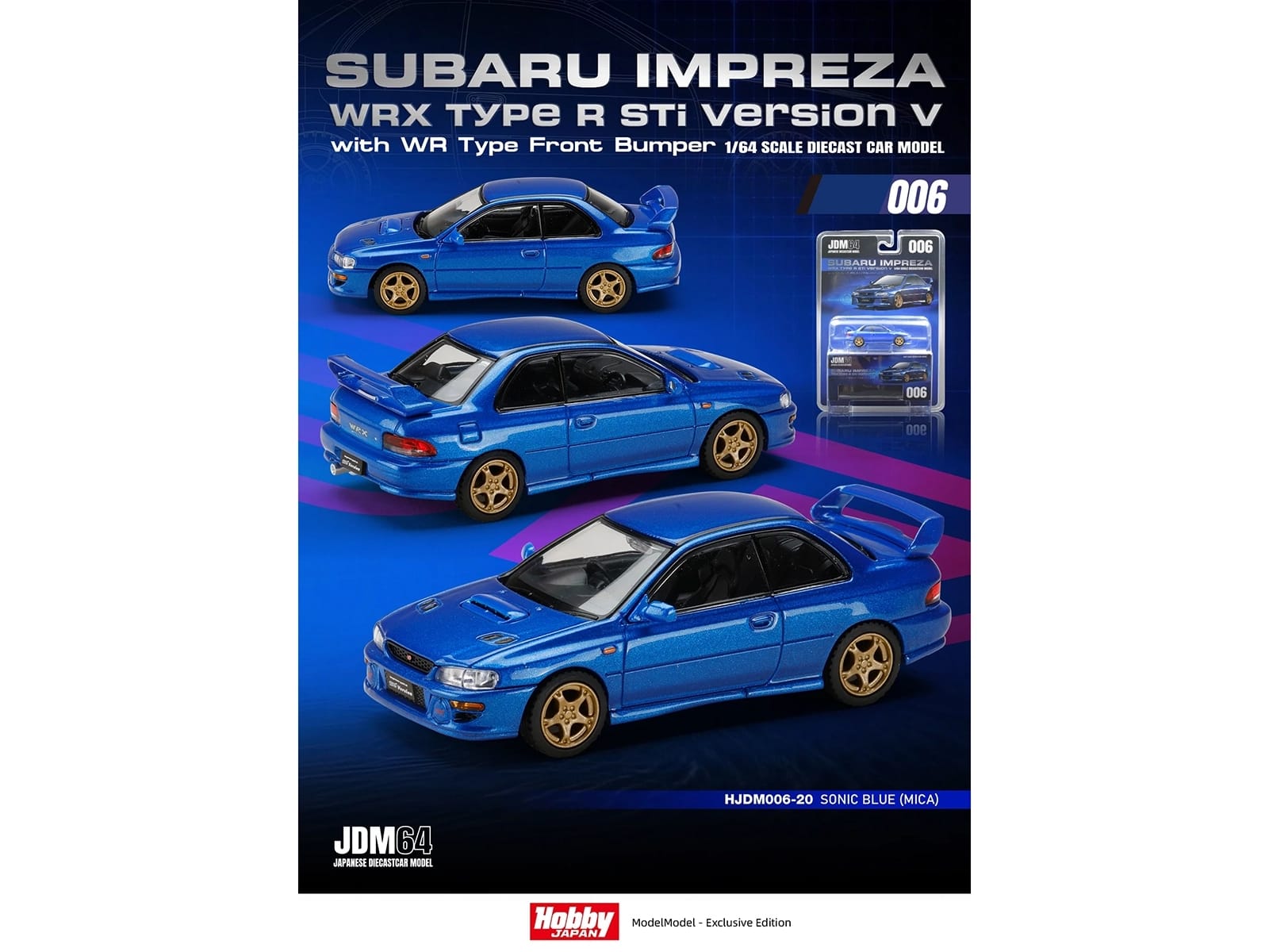 Subaru Impreza WRX Type R Sti Version V RHD (Right Hand Drive) Sonic Blue Mica "JDM64" Series 1/64 Diecast Model Car by Hobby Japan - Image 4