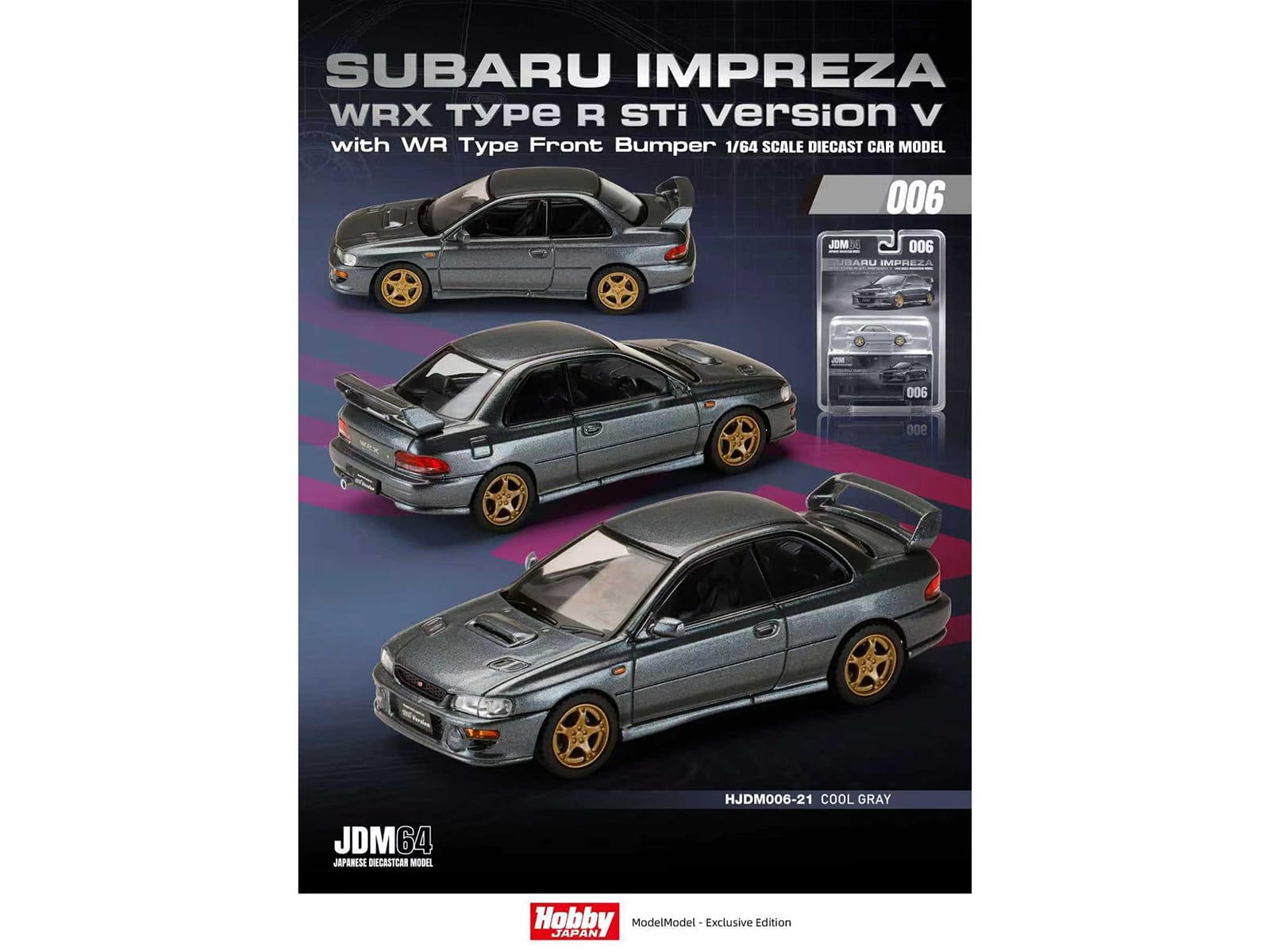 Subaru Impreza WRX Type R Sti Version V RHD (Right Hand Drive) Cool Gray Metallic "JDM64" Series 1/64 Diecast Model Car by Hobby Japan - Image 4