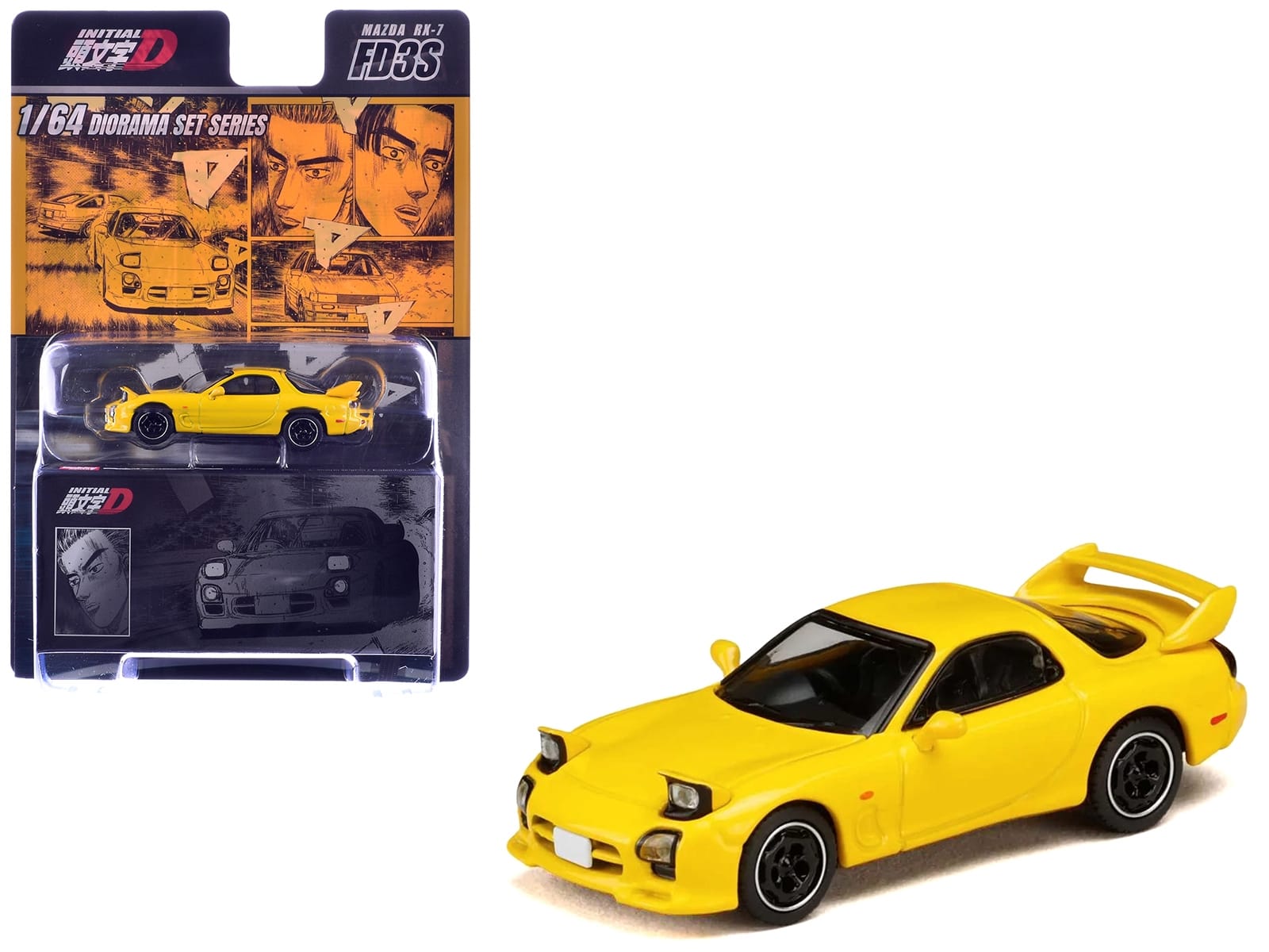 Mazda RX-7 (FD3S) RHD (Right Hand Drive) Yellow "Initial D" (1995-2013) Manga "Diorama Set Series" 1/64 Diecast Model Car by Hobby Japan