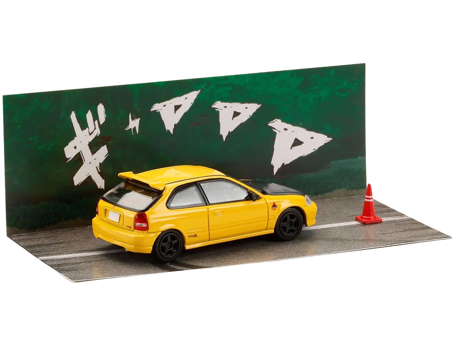 Honda Civic (EK9) RHD (Right Hand Drive) Yellow with Carbon Hood "Initial D" (1995-2013) Manga "Diorama Set Series" 1/64 Diecast Model car by Hobby Japan - Image 4