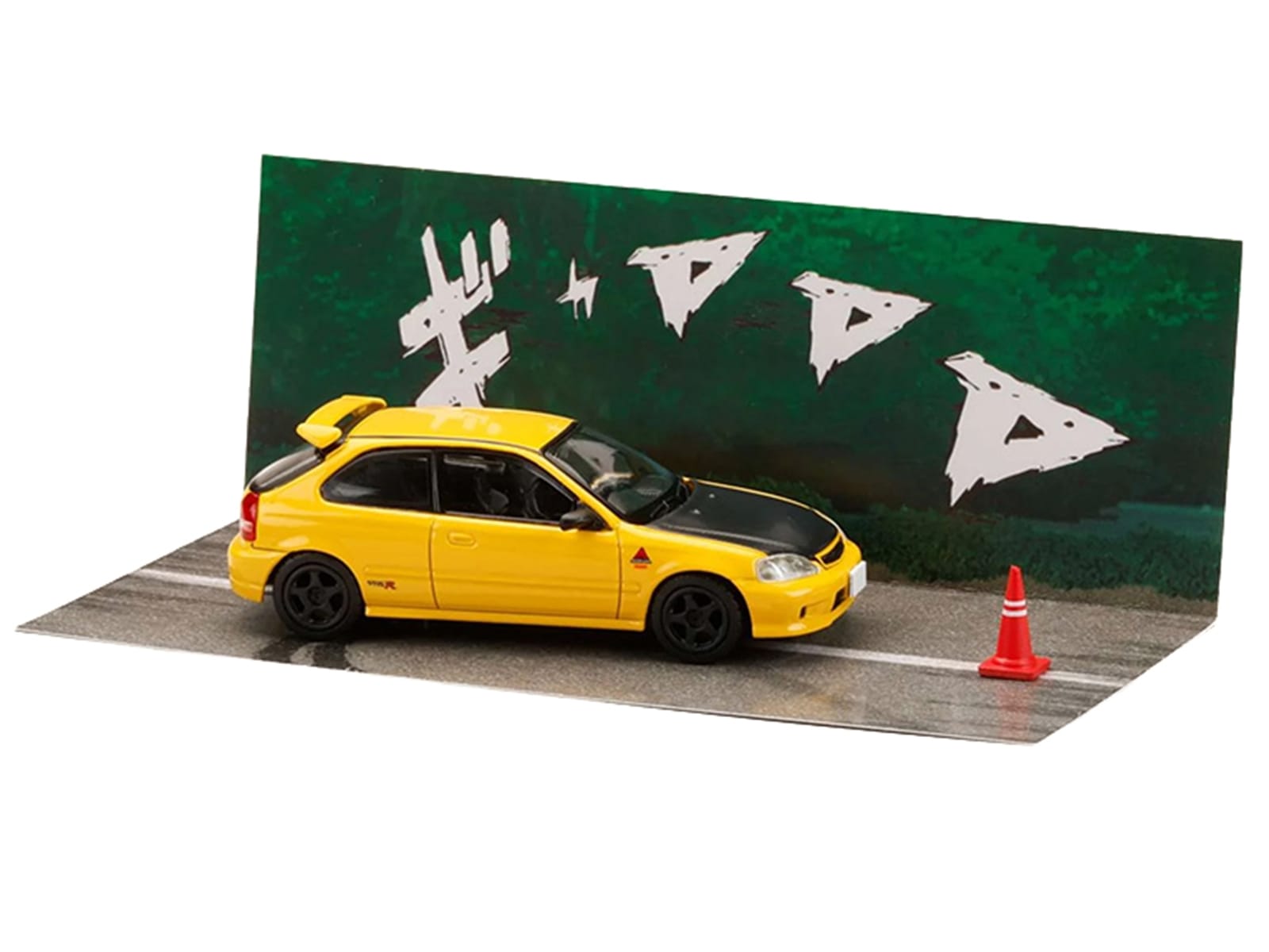Honda Civic (EK9) RHD (Right Hand Drive) Yellow with Carbon Hood "Initial D" (1995-2013) Manga "Diorama Set Series" 1/64 Diecast Model car by Hobby Japan - Image 5
