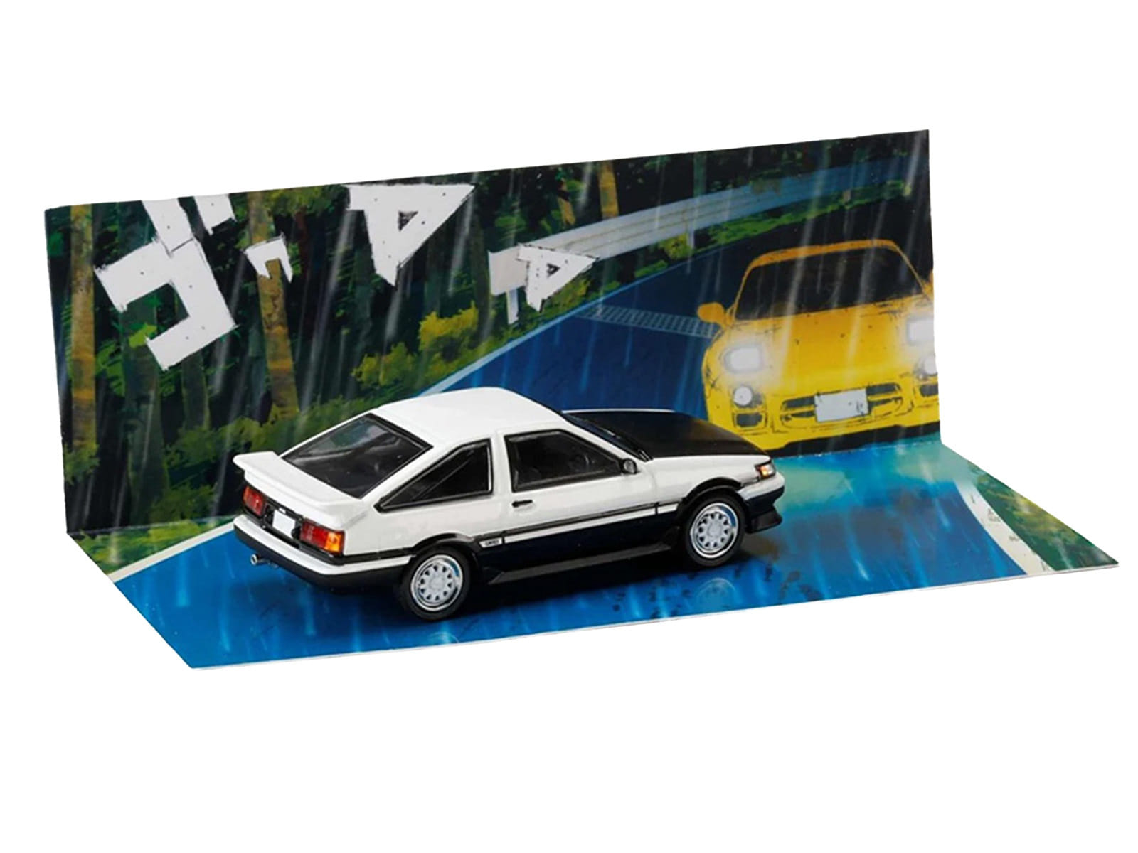 Toyota Corolla Levin (AE86) RHD (Right Hand Drive) White with Carbon Hood "Initial D" (1995-2013) Manga "Diorama Set Series" 1/64 Diecast Model Car by Hobby Japan - Image 3