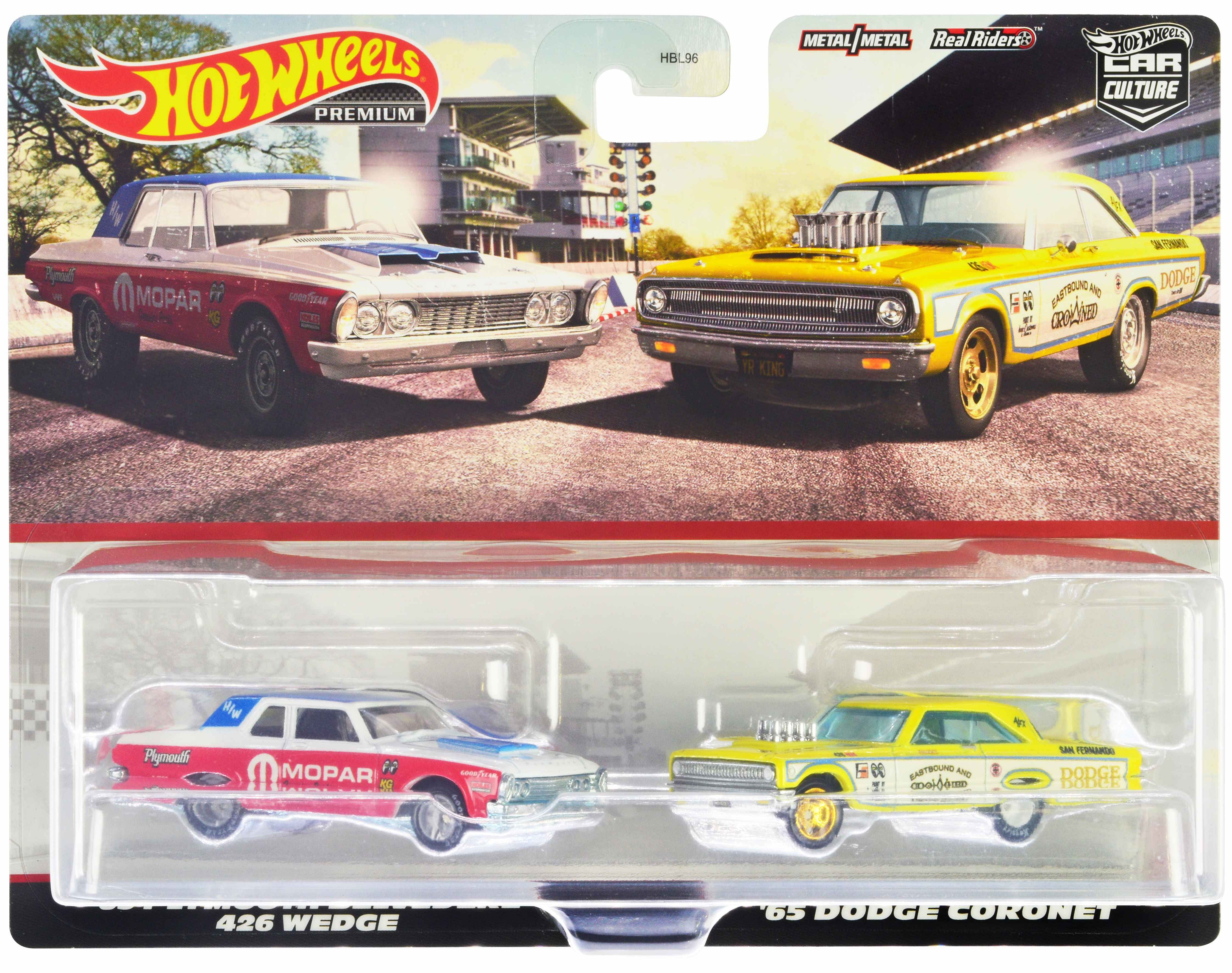 1963 Plymouth Belvedere 426 Wedge “MOPAR” White and Red with Blue Top and 1965 Dodge Coronet “Eastbound and Crowned” Yellow and White “Car Culture” Set of 2 Cars Diecast Model Cars by Hot Wheels