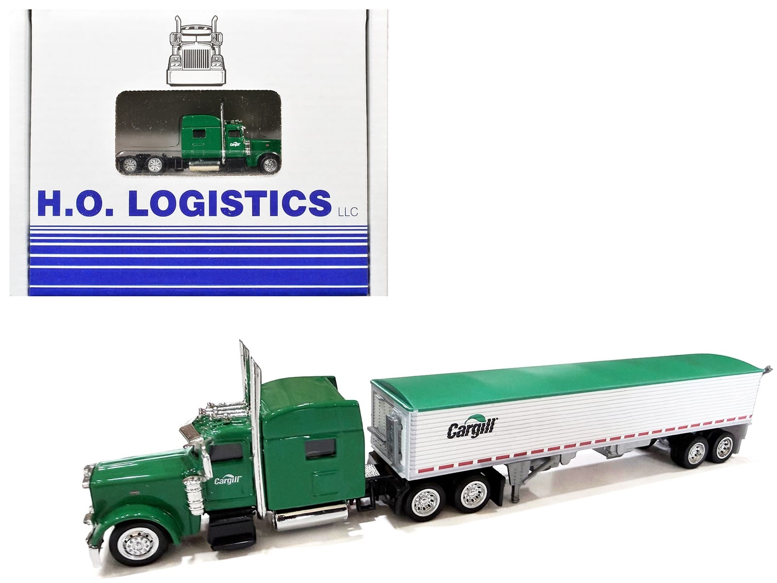Peterbilt 389 Truck Tractor with Sleeper Cab "Cargill" Green and Covered Grain Trailer White with Green Tarp Combo Set 1/87 (HO) Plastic Model Car by HO Logistics