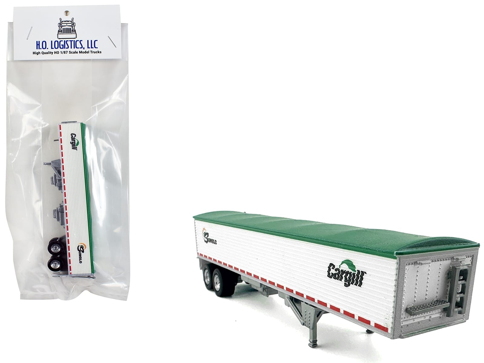 Covered Grain Trailer White with Green Tarp "SunGlo - Cargill" 1/87 (HO) Plastic Model Car by HO Logistics