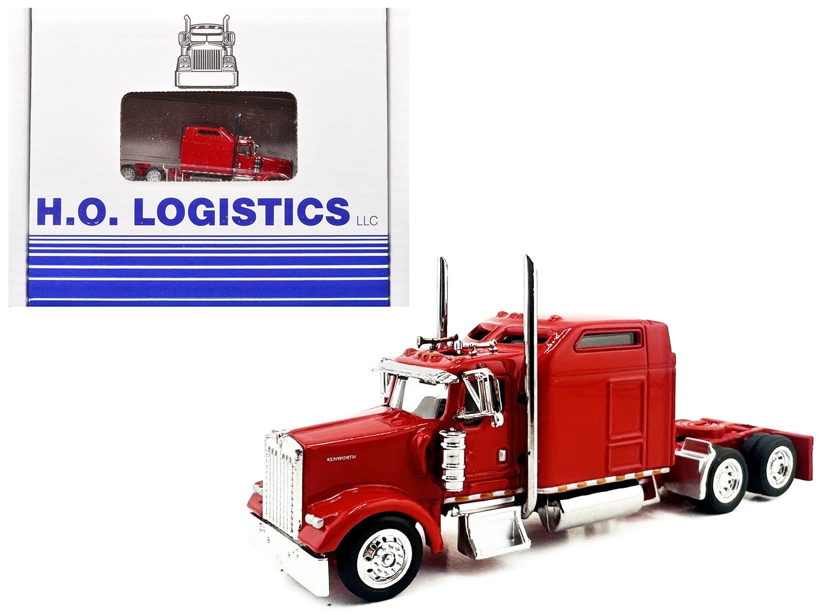 Kenworth W900L Truck Tractor with Sleeper Cab Red and Covered Grain Trailer White with Red Tarp Combo Set 1/87 (HO) Plastic Model Car by HO Logistics