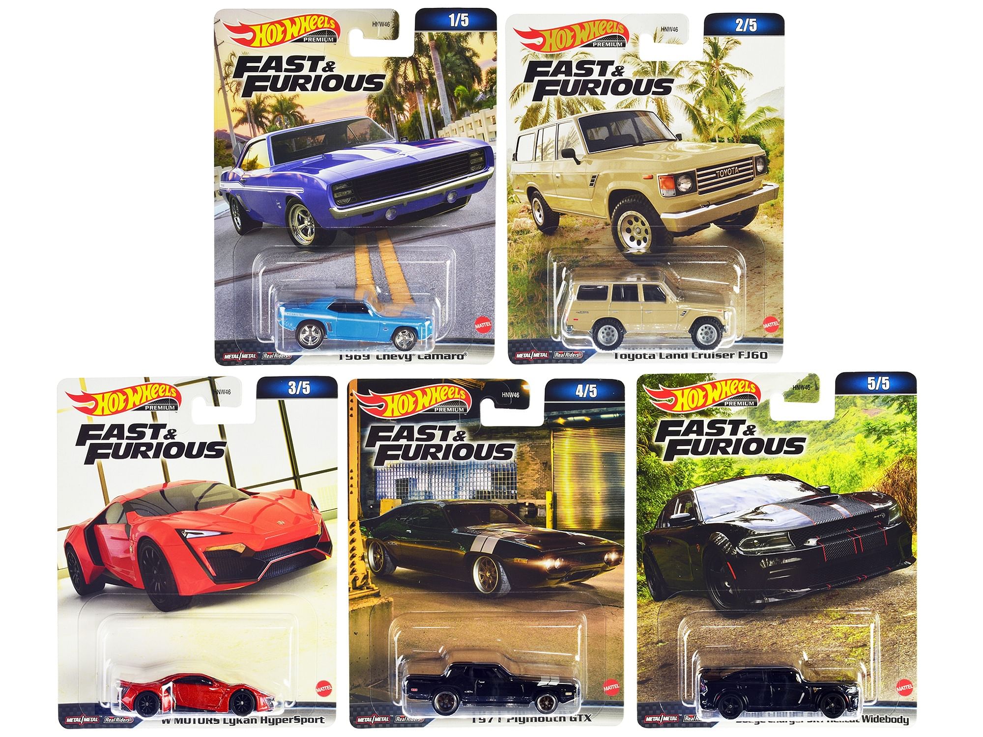 “Fast & Furious” 2023 5 piece Set B Diecast Model Cars by Hot Wheels