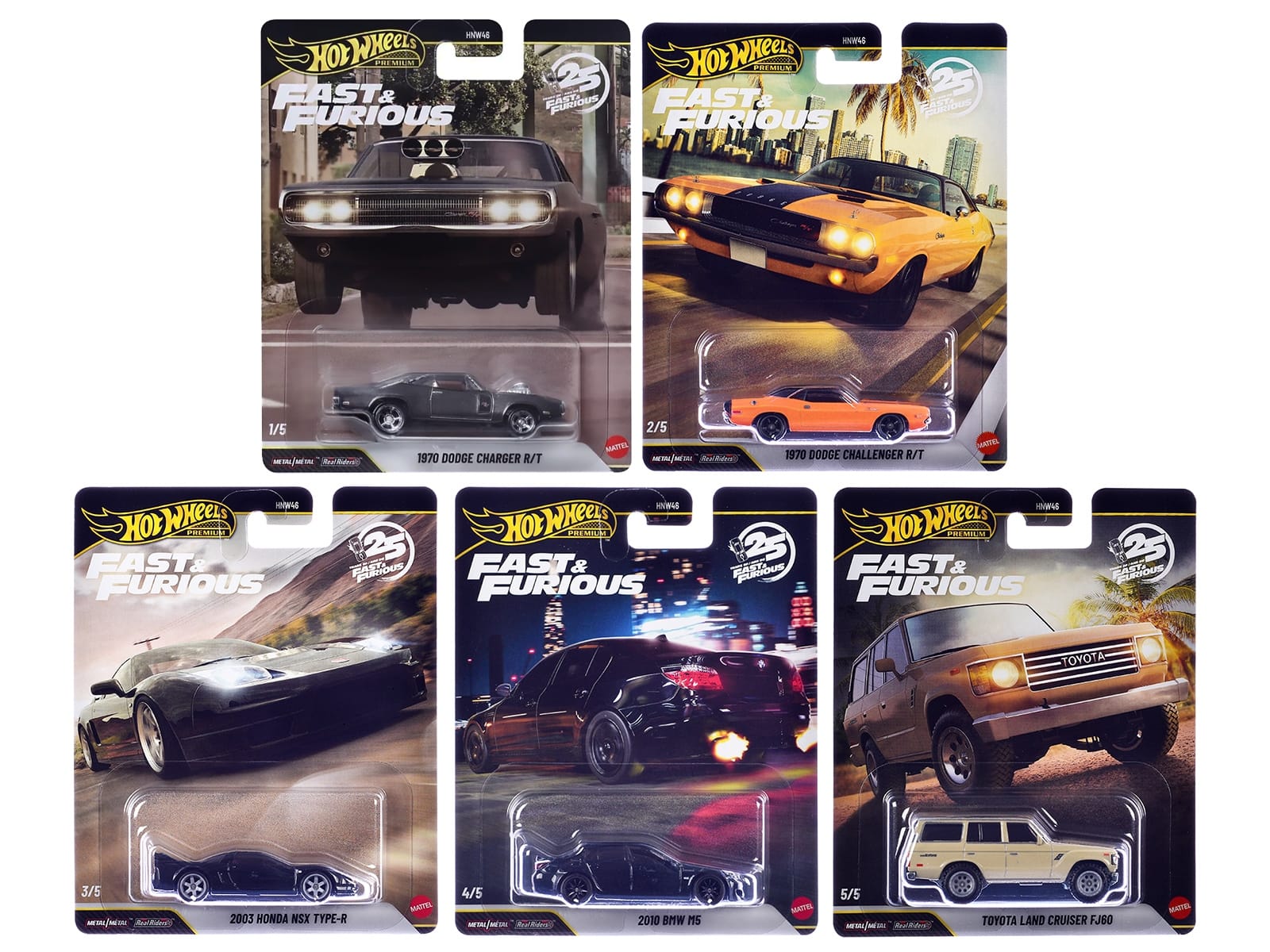 "Fast & Furious 25th Anniversary" 2026 5 piece Set Q Diecast Model Cars by Hot Wheels