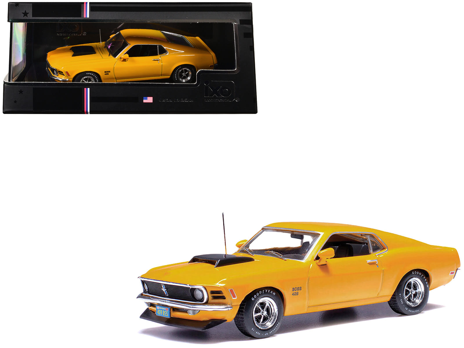 1970 Ford Mustang Boss 429 Bright Yellow with Black Hood Scoop 1/43 Diecast Model Car by IXO Models - Image 3