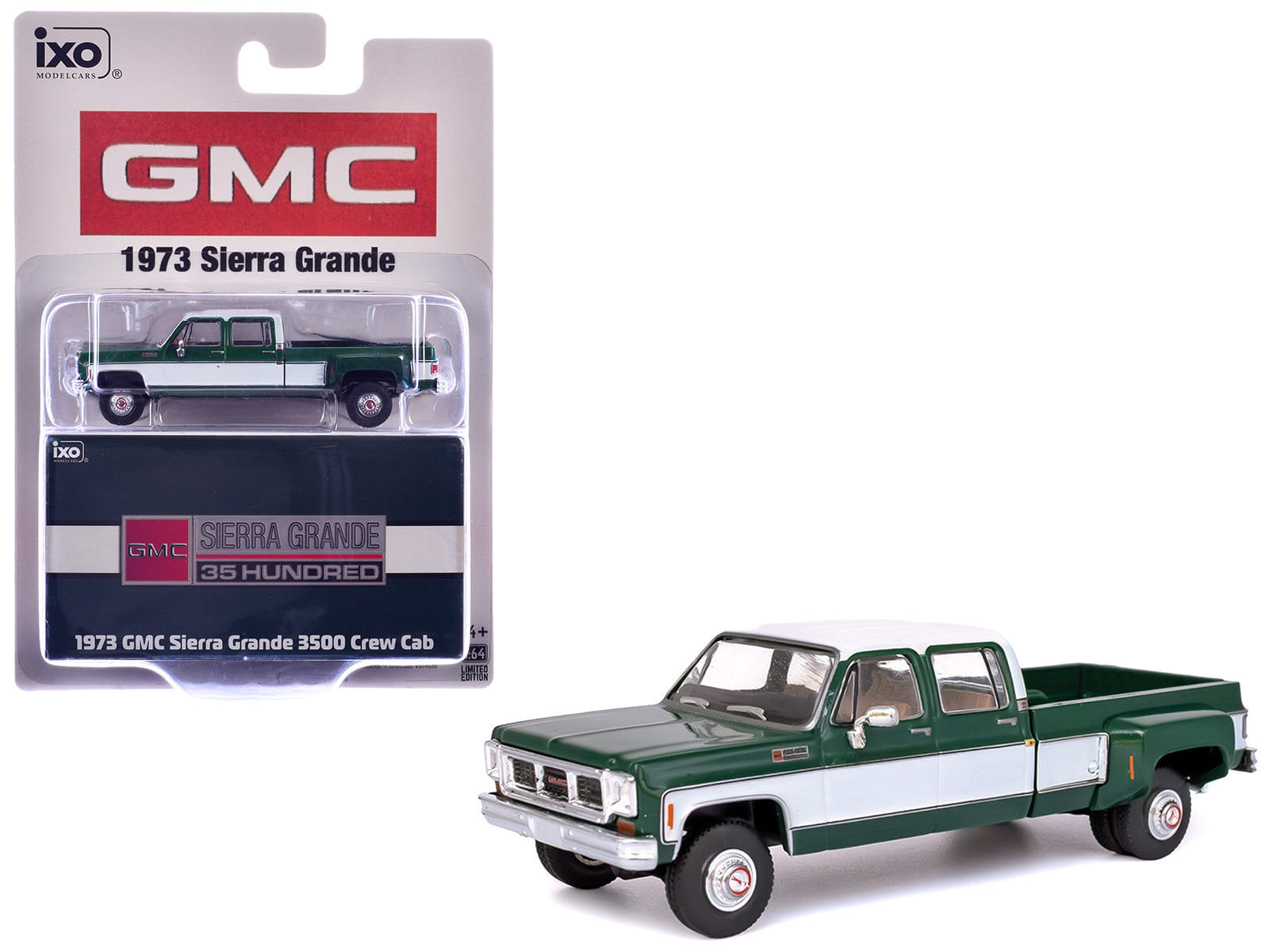 1973 GMC Sierra Grande 3500 Crew Cab Dually Pickup Truck Green and White 1/64 Diecast Model by IXO Models