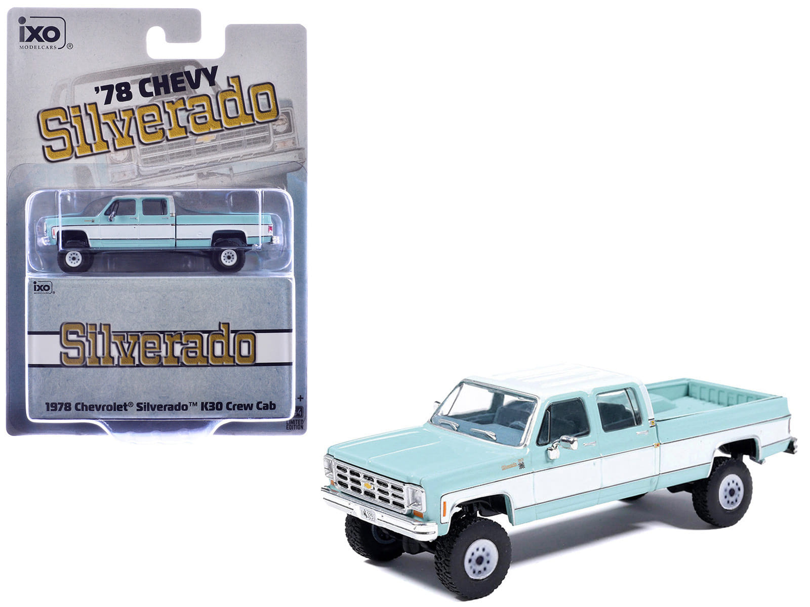 1978 Chevrolet Silverado K30 Crew Cab Pickup Truck Light Blue and White with Blue Interior 1/64 Diecast Model by IXO Models