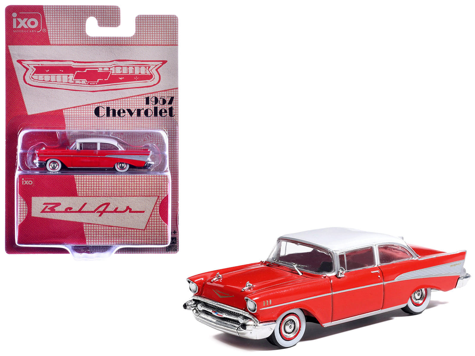 1957 Chevrolet Bel Air Red with White Top and Red Interior 1/64 Diecast Model by IXO Models