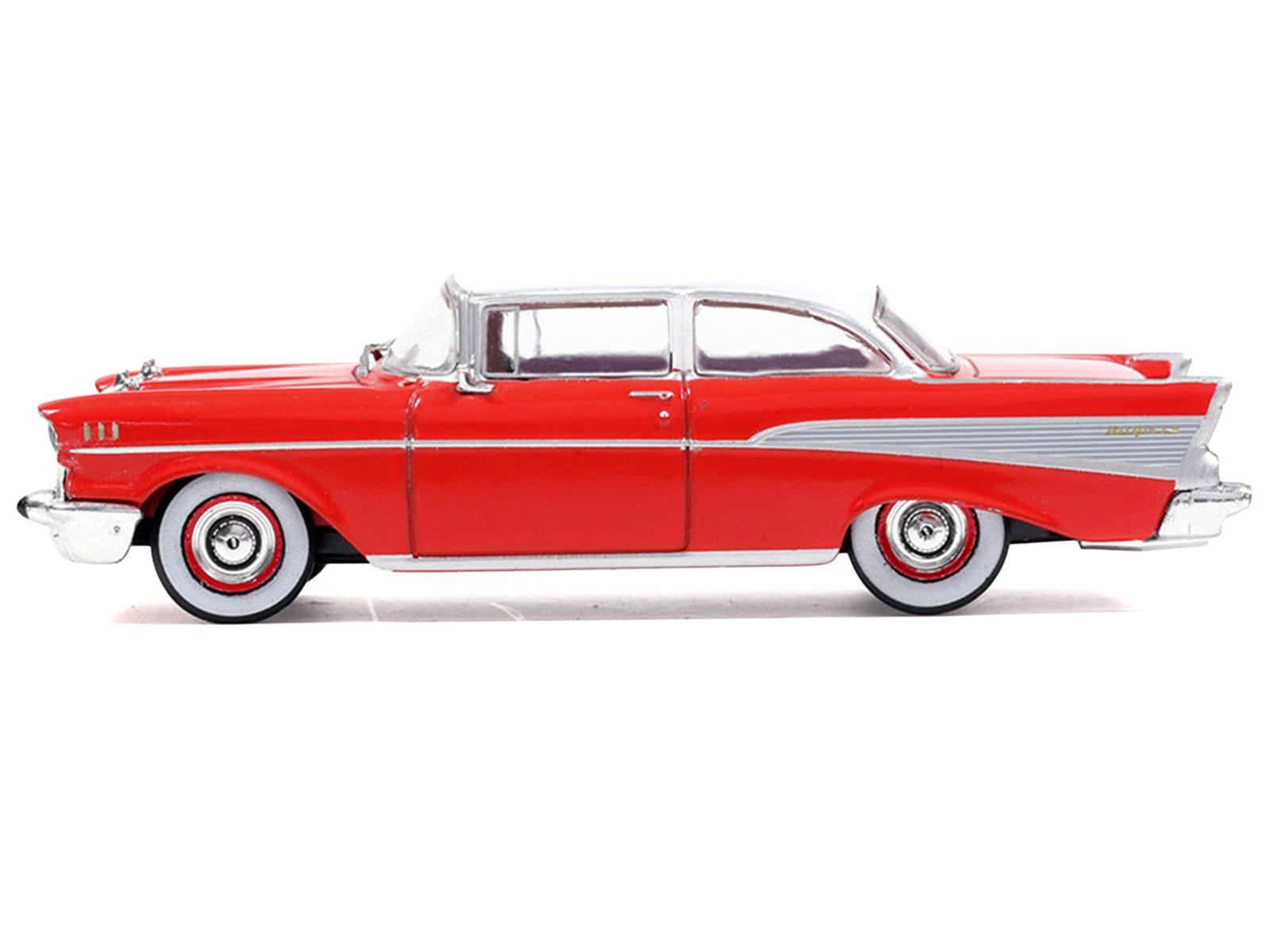 1957 Chevrolet Bel Air Red with White Top and Red Interior 1/64 Diecast Model by IXO Models - Image 2