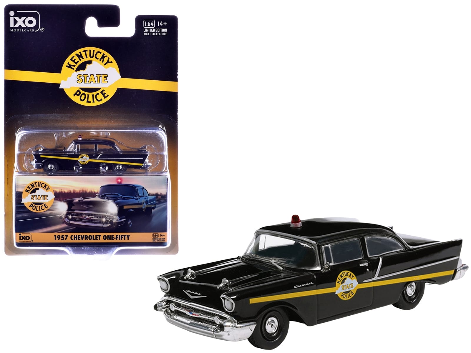 1957 Chevrolet One-Fifty Police Car "Kentucky State Police" Black with Yellow Stripes 1/64 Diecast Model Car by IXO Models