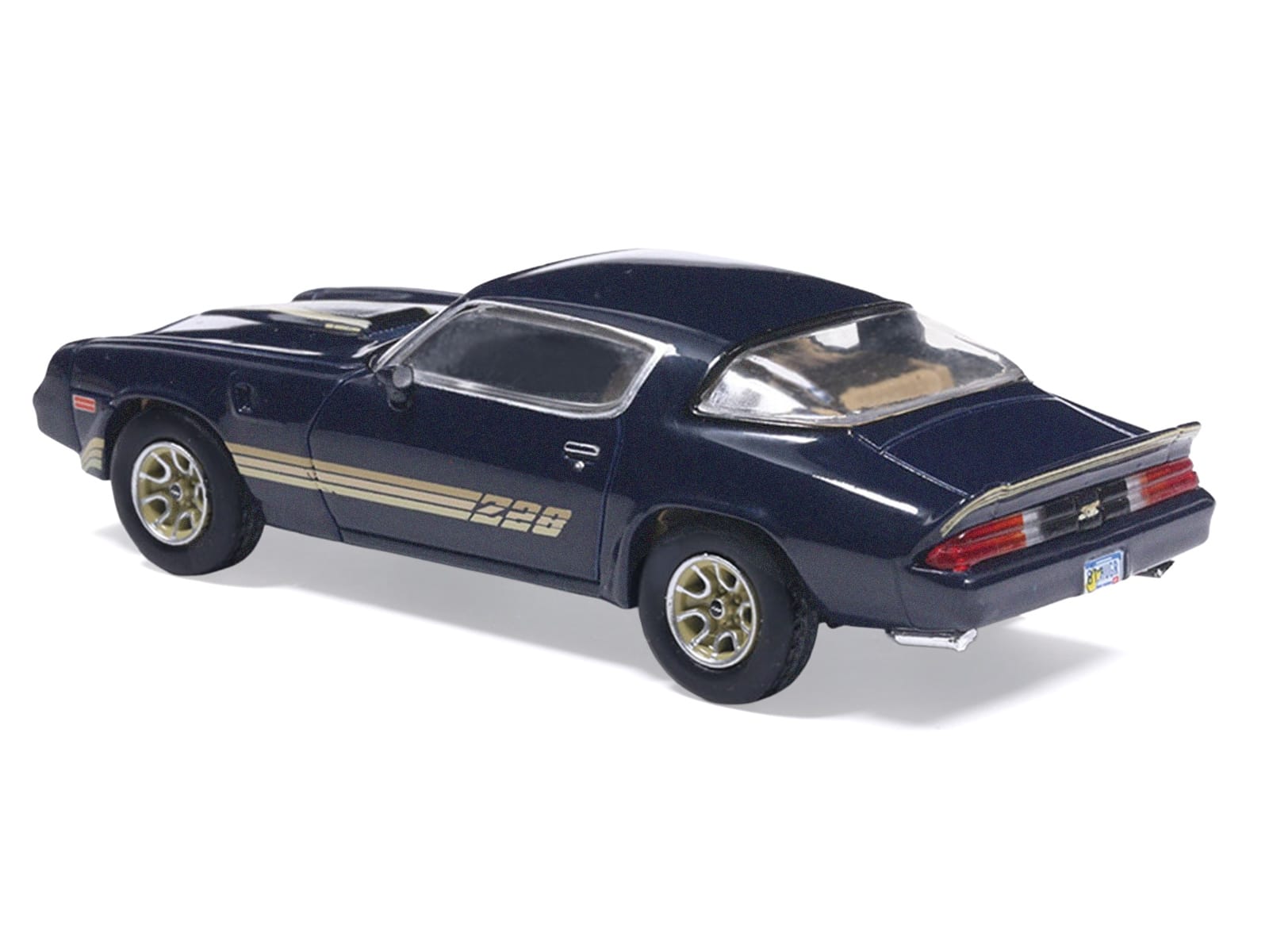 1981 Chevrolet Camaro Z28 Dark Blue Metallic with Gold Stripes and Interior 1/64 Diecast Model Car by IXO Models - Image 3