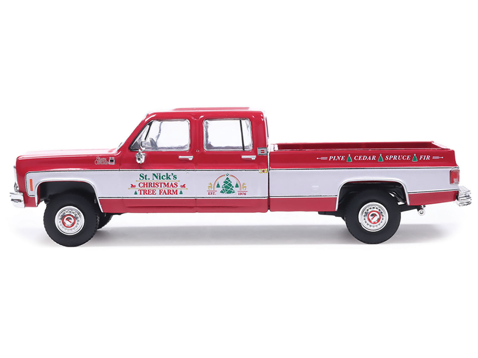 1976 GMC Sierra Grande K2500 Wideside Pickup Truck "St. Nick's Christmas Tree Farm" Red with White Sides "Christmas Limited Edition" 1/64 Diecast Model Car by IXO Models - Image 2
