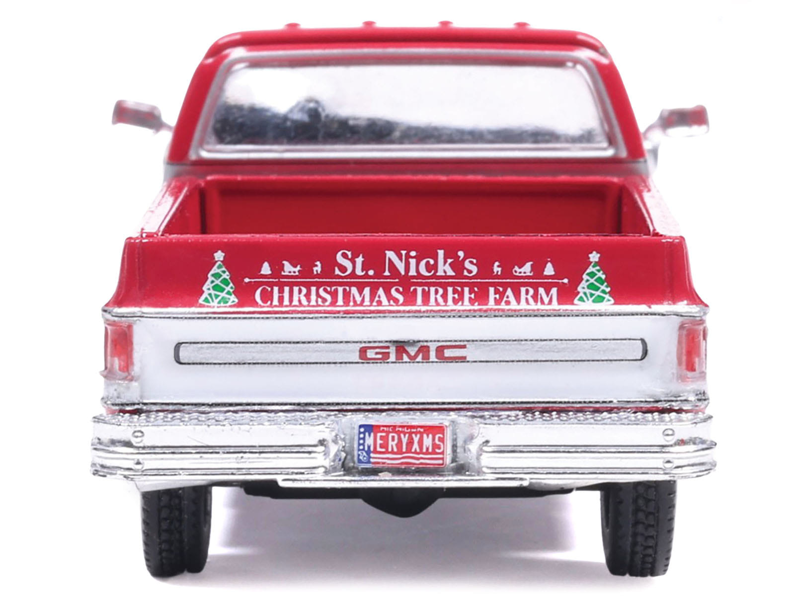 1976 GMC Sierra Grande K2500 Wideside Pickup Truck "St. Nick's Christmas Tree Farm" Red with White Sides "Christmas Limited Edition" 1/64 Diecast Model Car by IXO Models - Image 4