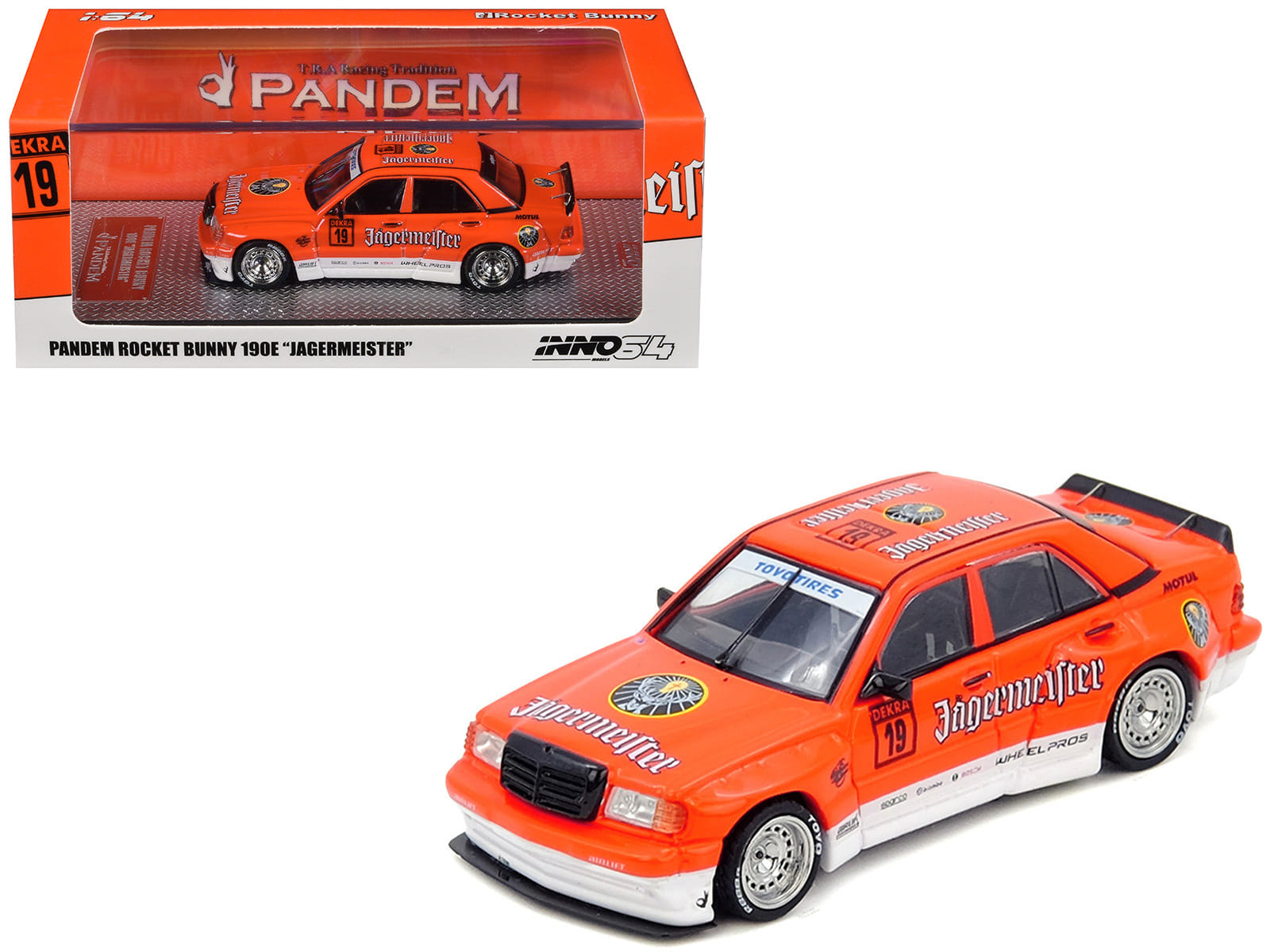 Pandem Rocket Bunny 190E #19 "Jagermeister" Orange and White 1/64 Diecast Model Car by Inno Models