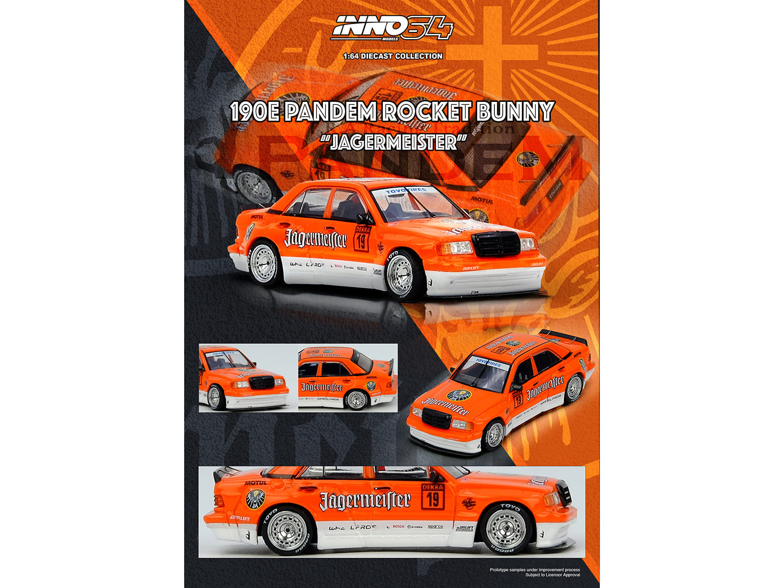 Pandem Rocket Bunny 190E #19 "Jagermeister" Orange and White 1/64 Diecast Model Car by Inno Models - Image 4