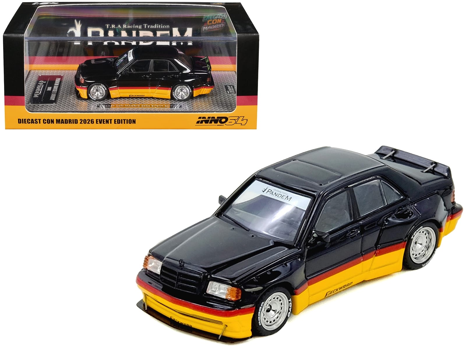 Pandem Rocket Bunny 190E Black with Red and Yellow Stripes "Diecast Con Madrid 2026 Event Edition" 1/64 Diecast Model Car by Inno Models