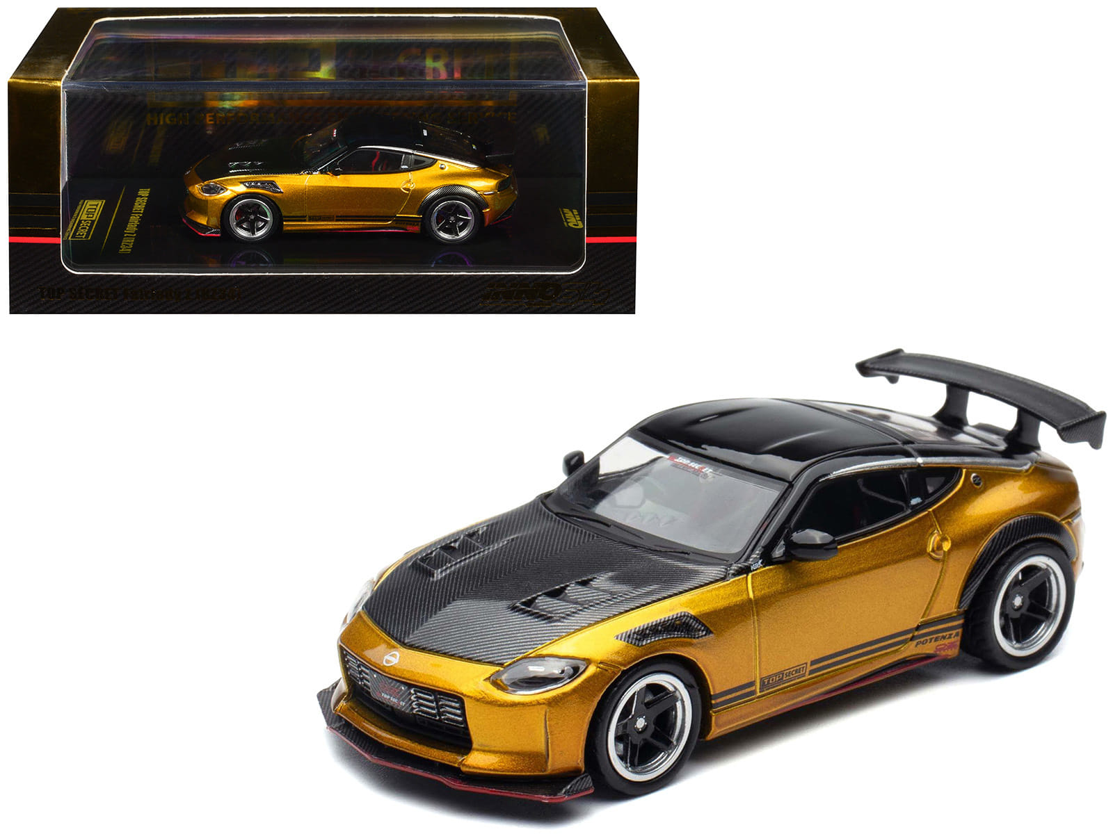 Nissan Fairlady Z Top Secret (RZ34) RHD (Right Hand Drive) Gold Metallic with Carbon Hood and Black Top 1/64 Diecast Model Car by Inno Models