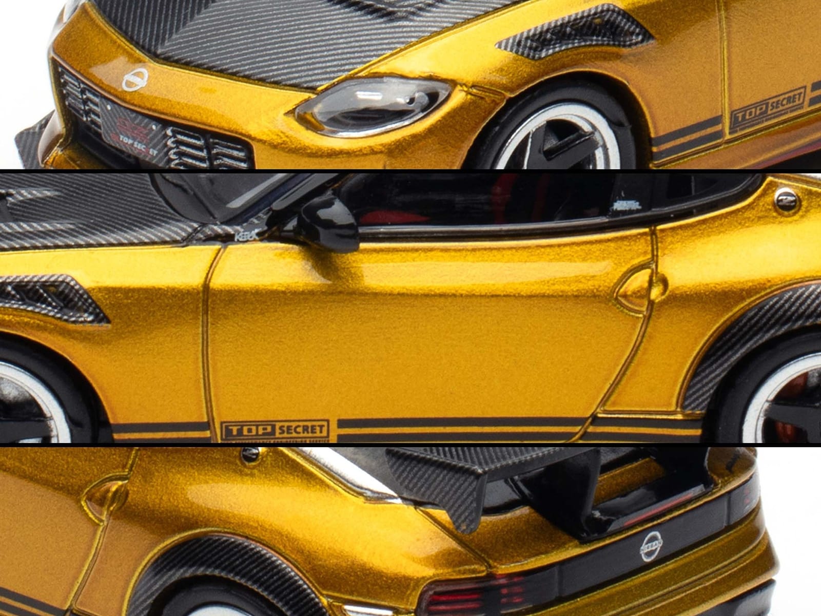Nissan Fairlady Z Top Secret (RZ34) RHD (Right Hand Drive) Gold Metallic with Carbon Hood and Black Top 1/64 Diecast Model Car by Inno Models - Image 2