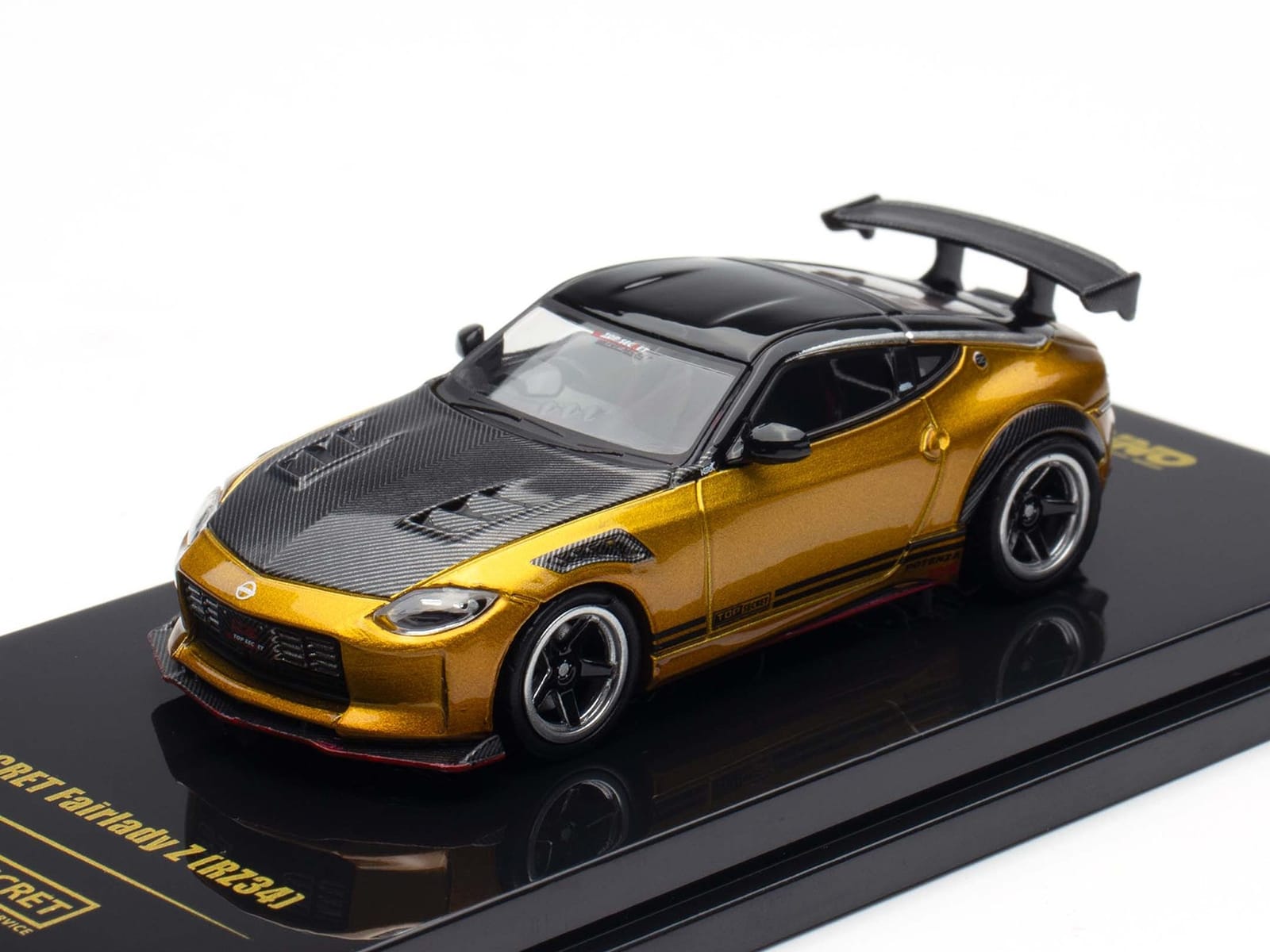 Nissan Fairlady Z Top Secret (RZ34) RHD (Right Hand Drive) Gold Metallic with Carbon Hood and Black Top 1/64 Diecast Model Car by Inno Models - Image 5