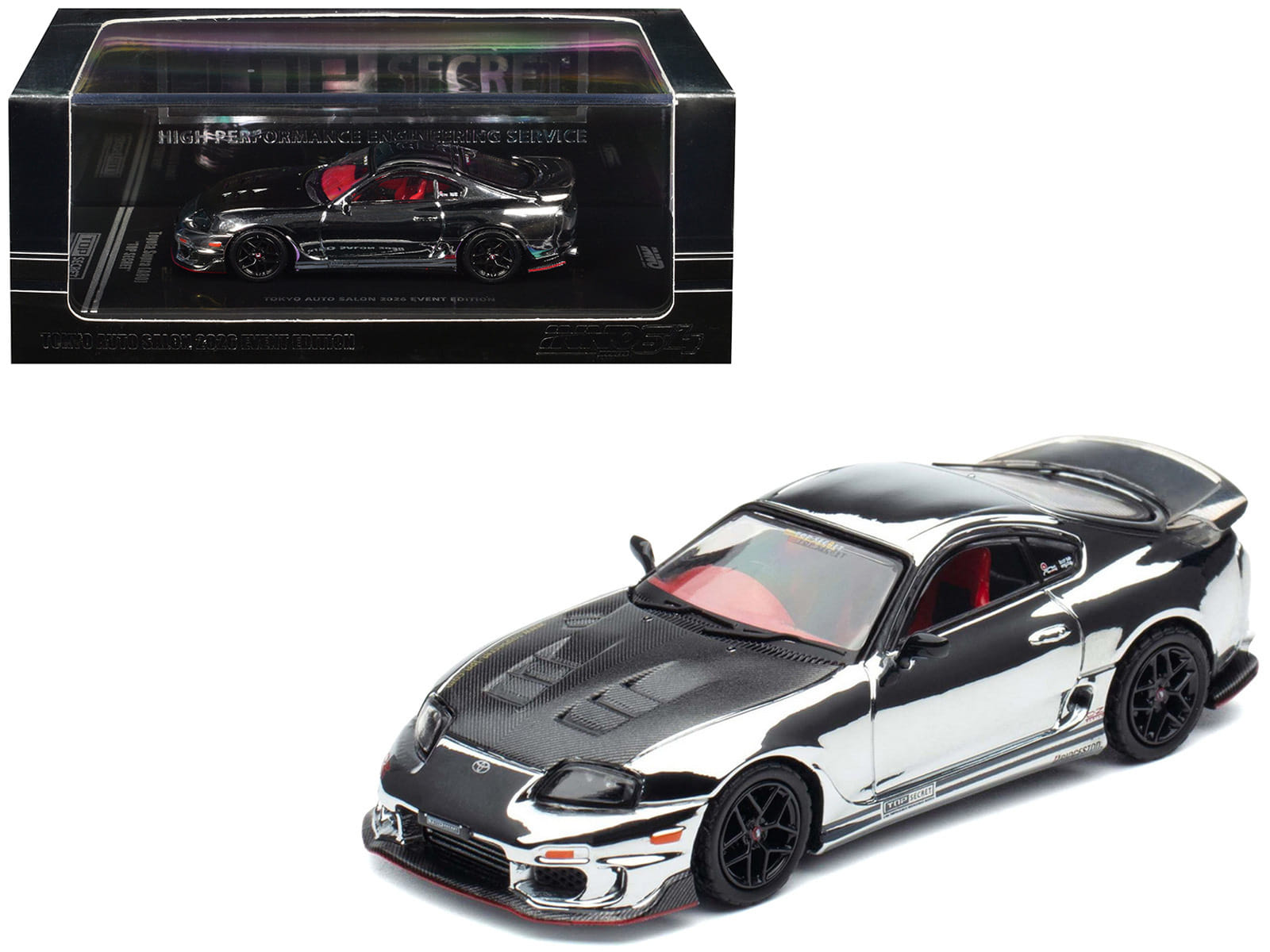 Toyota Supra (A80) "Top Secret" GT300 RHD (Right Hand Drive) Chrome with Carbon Hood and Red Interior "Tokyo Auto Salon 2026 Event Exclusive" 1/64 Diecast Model Car by Inno Models