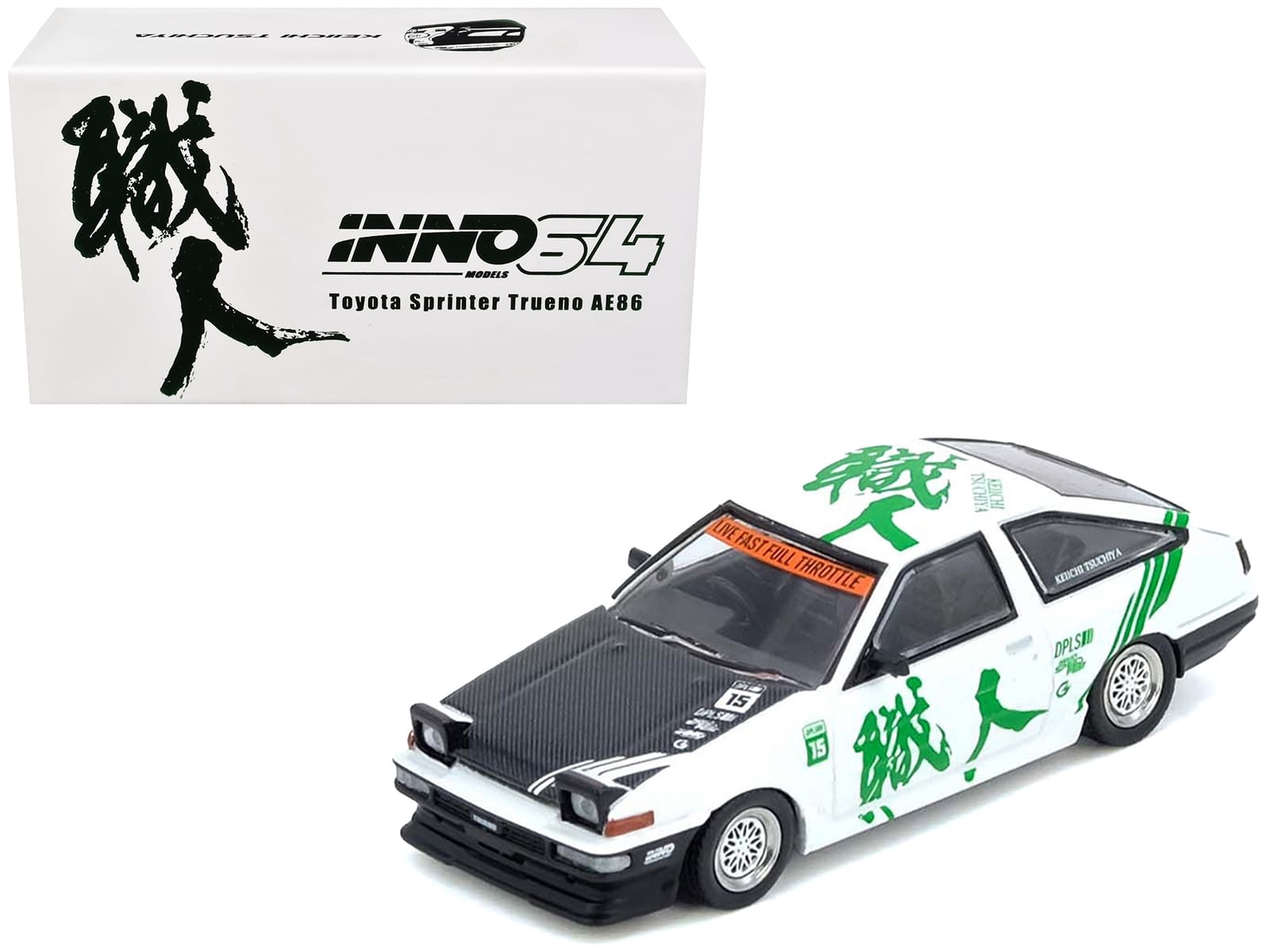 Toyota Sprinter Trueno (AE86) RHD (Right Hand Drive) #15 “Keiichi Tsuchiya” White with Green Graphics 1/64 Diecast Model Car by Inno Models