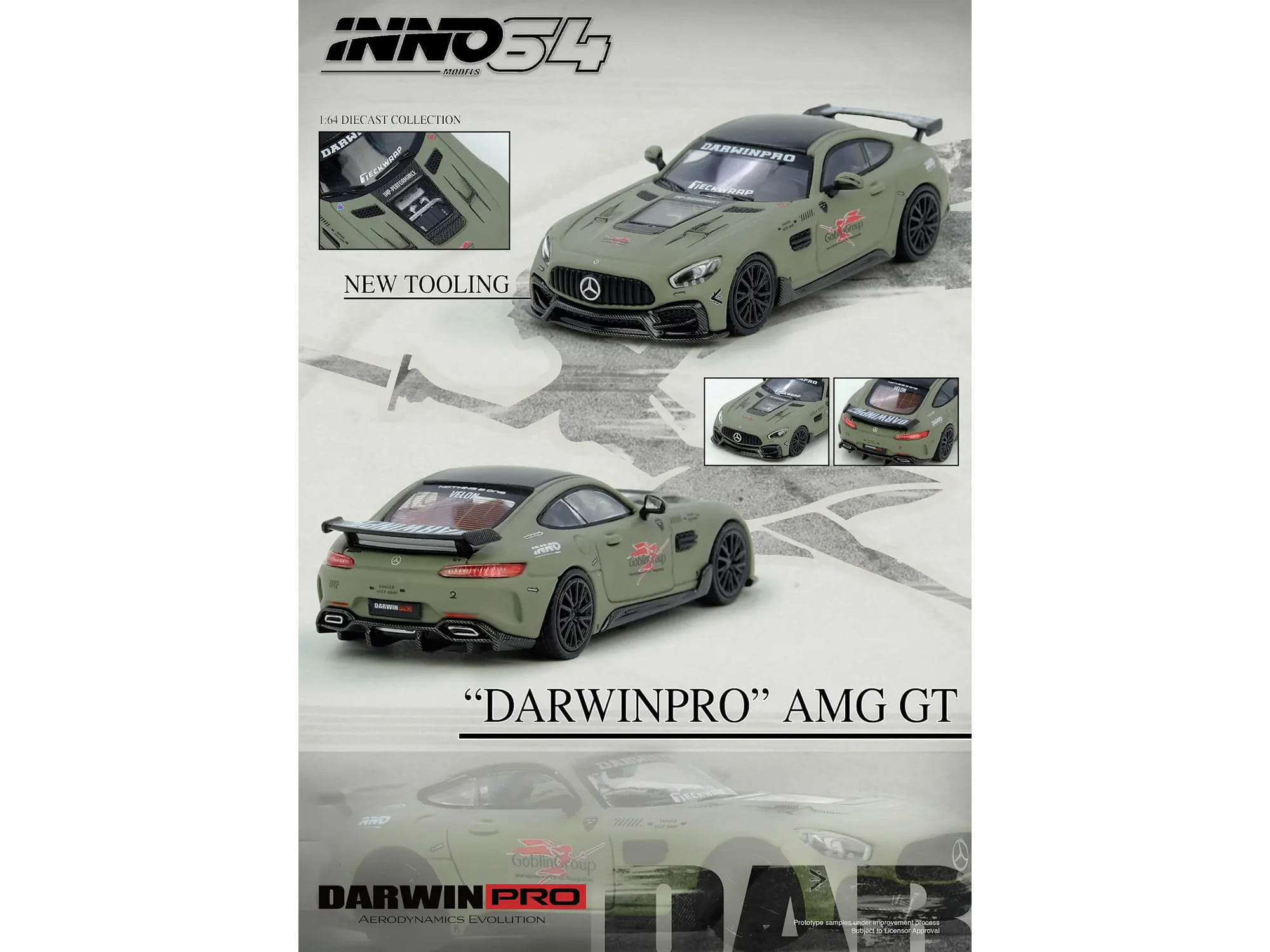 DarwinPRO iMP-Performance AMG GT "Goblin Group" Matt Green with Black Top 1/64 Diecast Model Car by Inno Models - Image 5