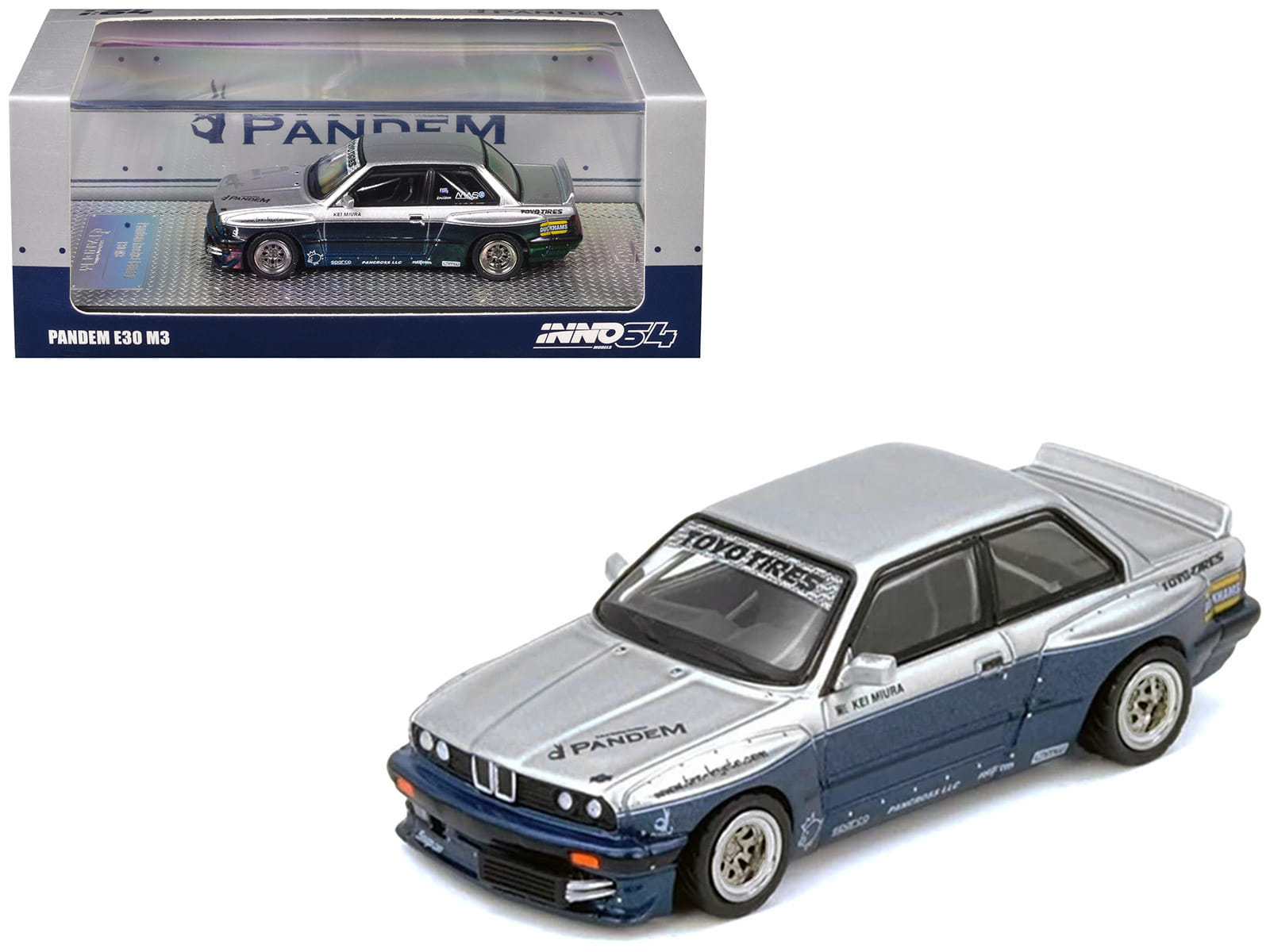 Pandem E30 M3 Silver Metallic and Dark Blue 1/64 Diecast Model Car by Inno Models