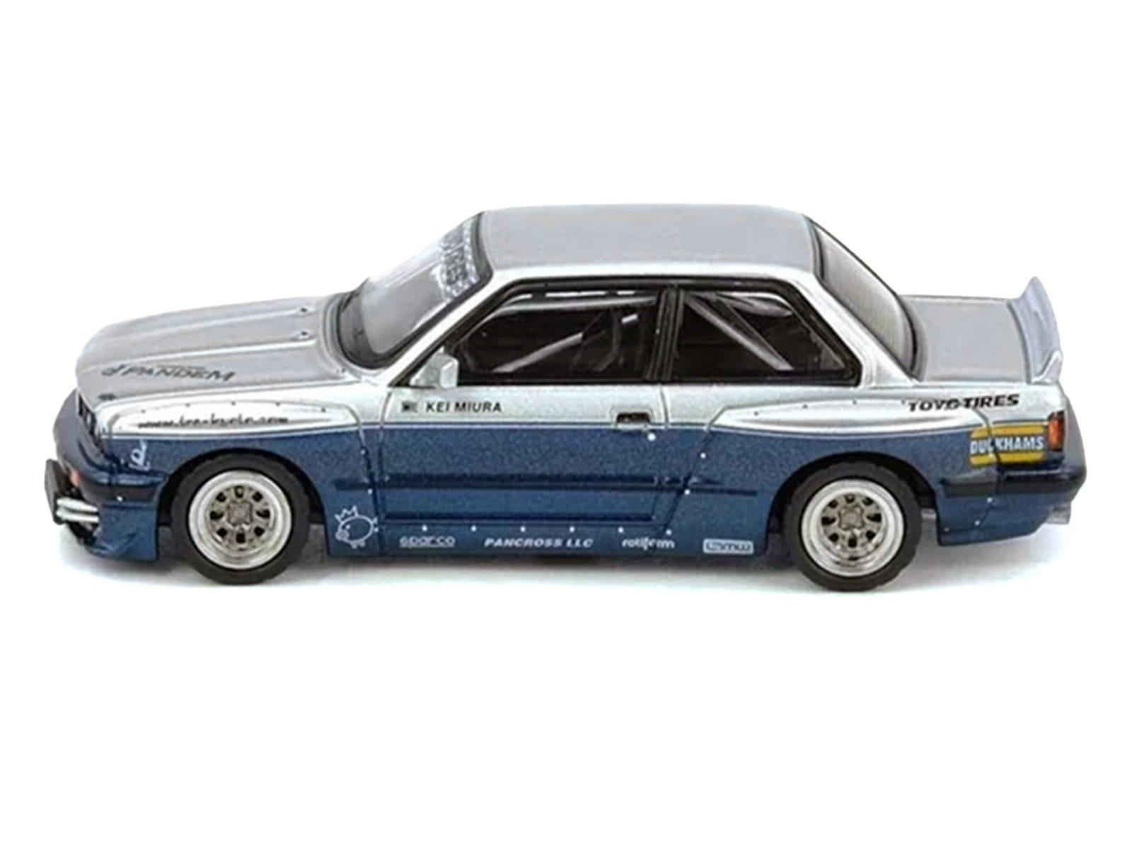 Pandem E30 M3 Silver Metallic and Dark Blue 1/64 Diecast Model Car by Inno Models - Image 2