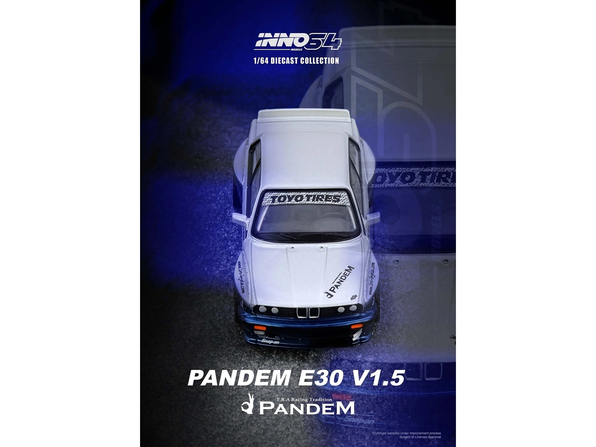 Pandem E30 M3 Silver Metallic and Dark Blue 1/64 Diecast Model Car by Inno Models - Image 4
