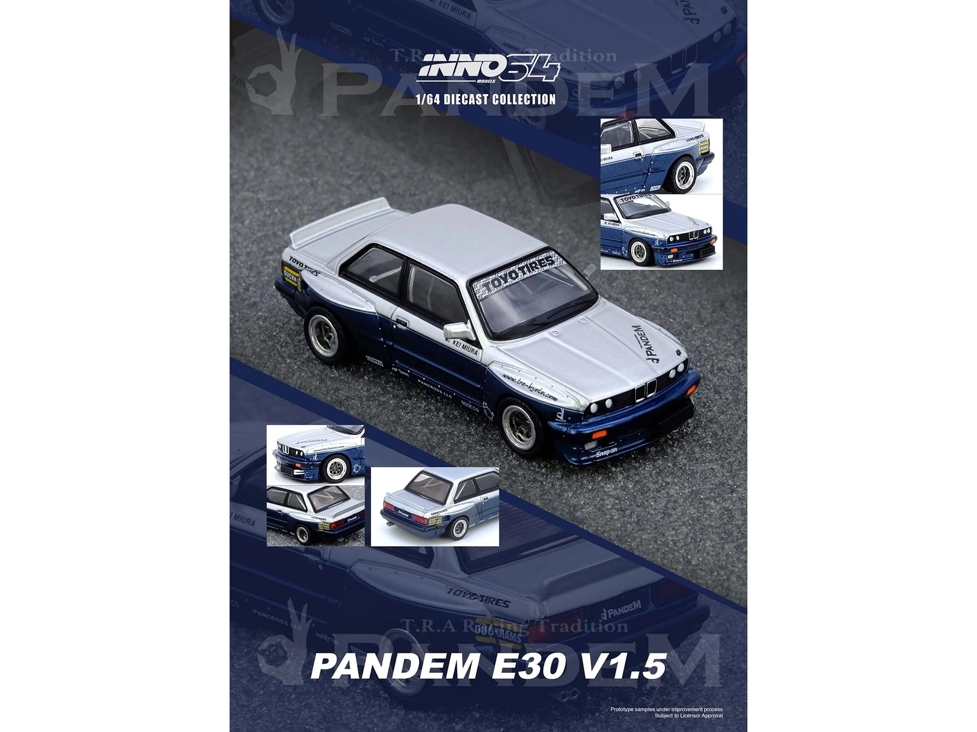 Pandem E30 M3 Silver Metallic and Dark Blue 1/64 Diecast Model Car by Inno Models - Image 5