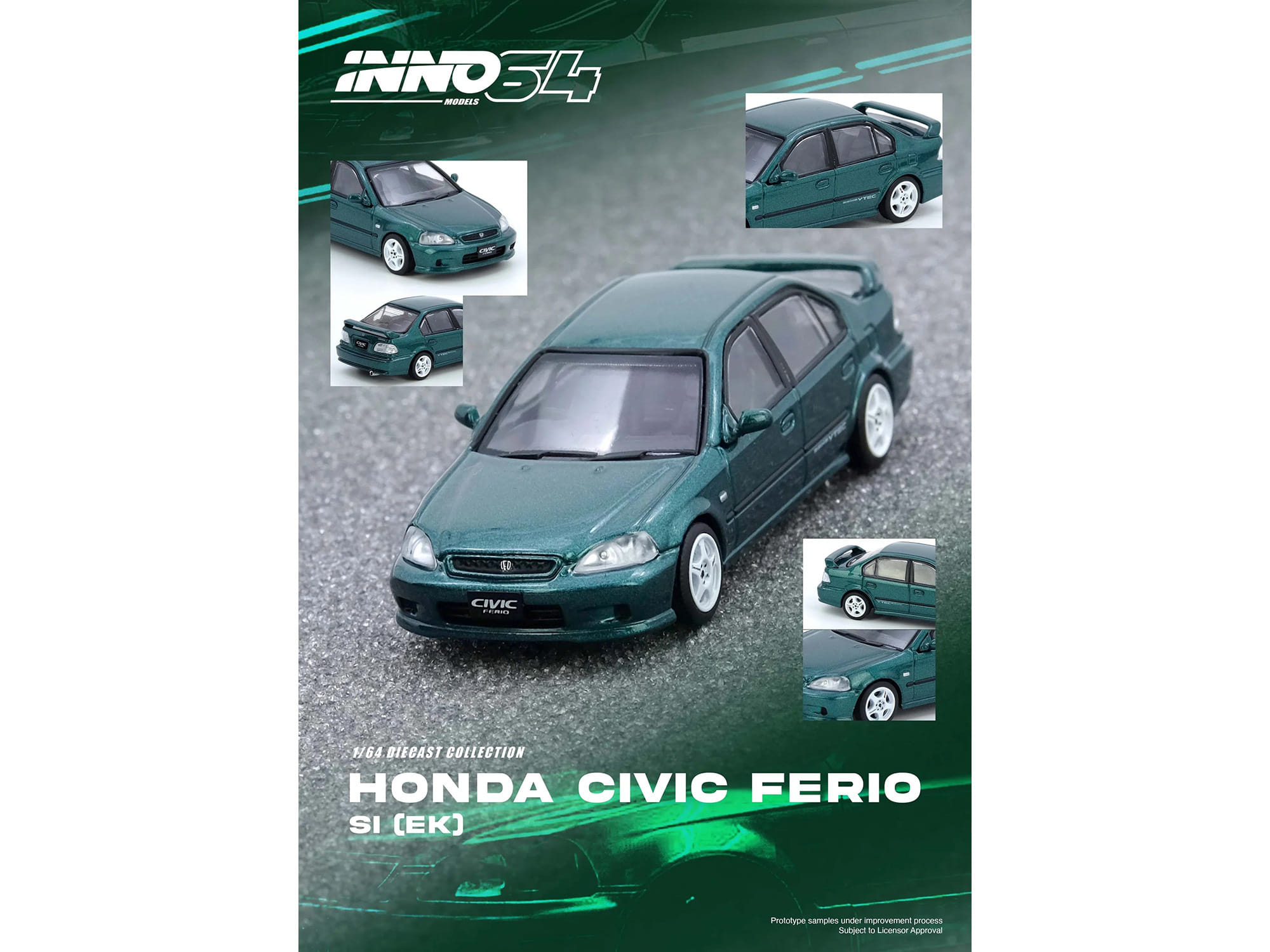 Honda Civic Ferio Si (EK) RHD (Right Hand Drive) Green Metallic 1/64 Diecast Model Car by Inno Models - Image 4