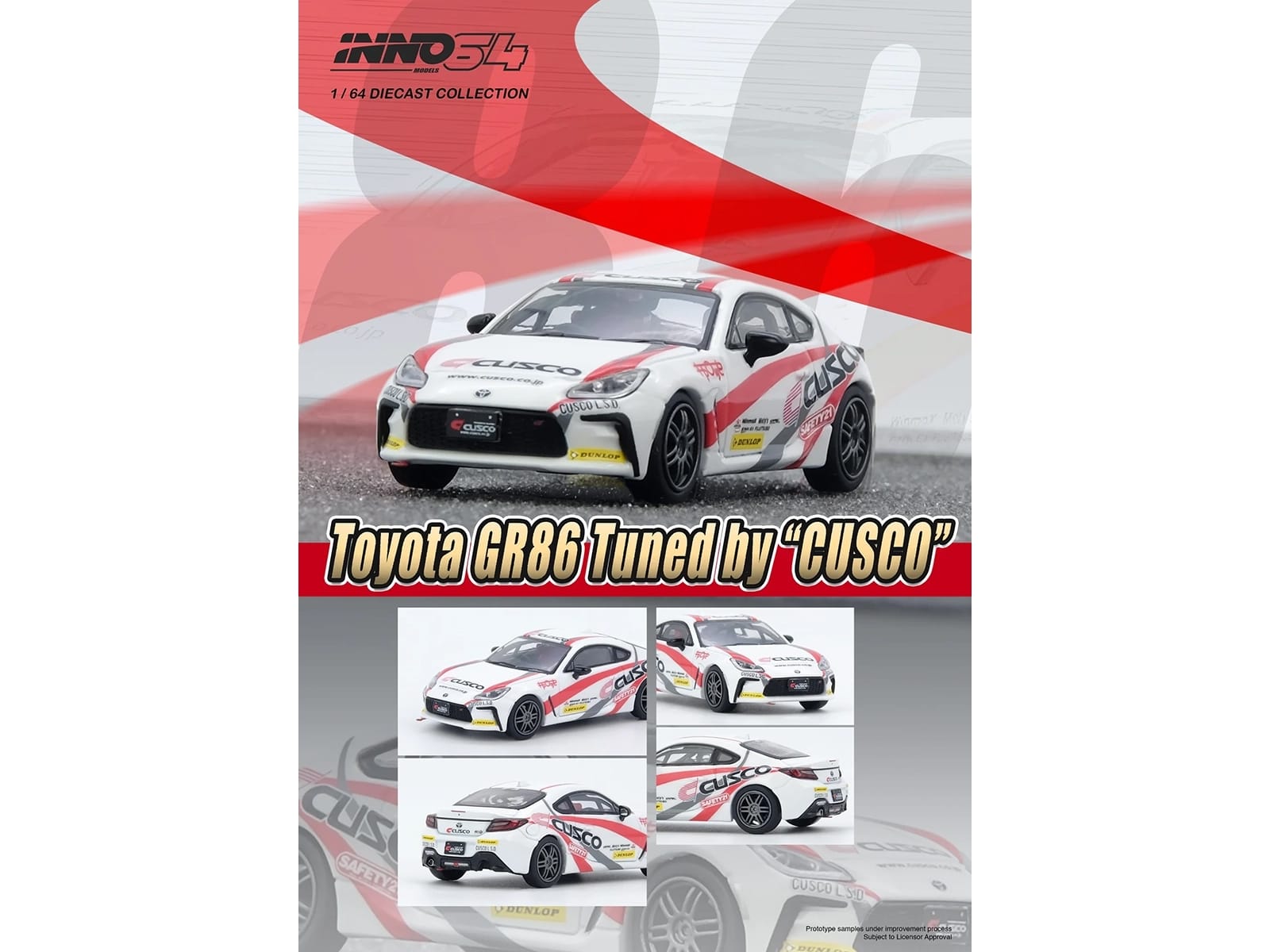 Toyota GR86 Tuned by "CUSCO" RHD (Right Hand Drive) White with Red and Gray Stripes 1/64 Diecast Model Car by Inno Models - Image 3