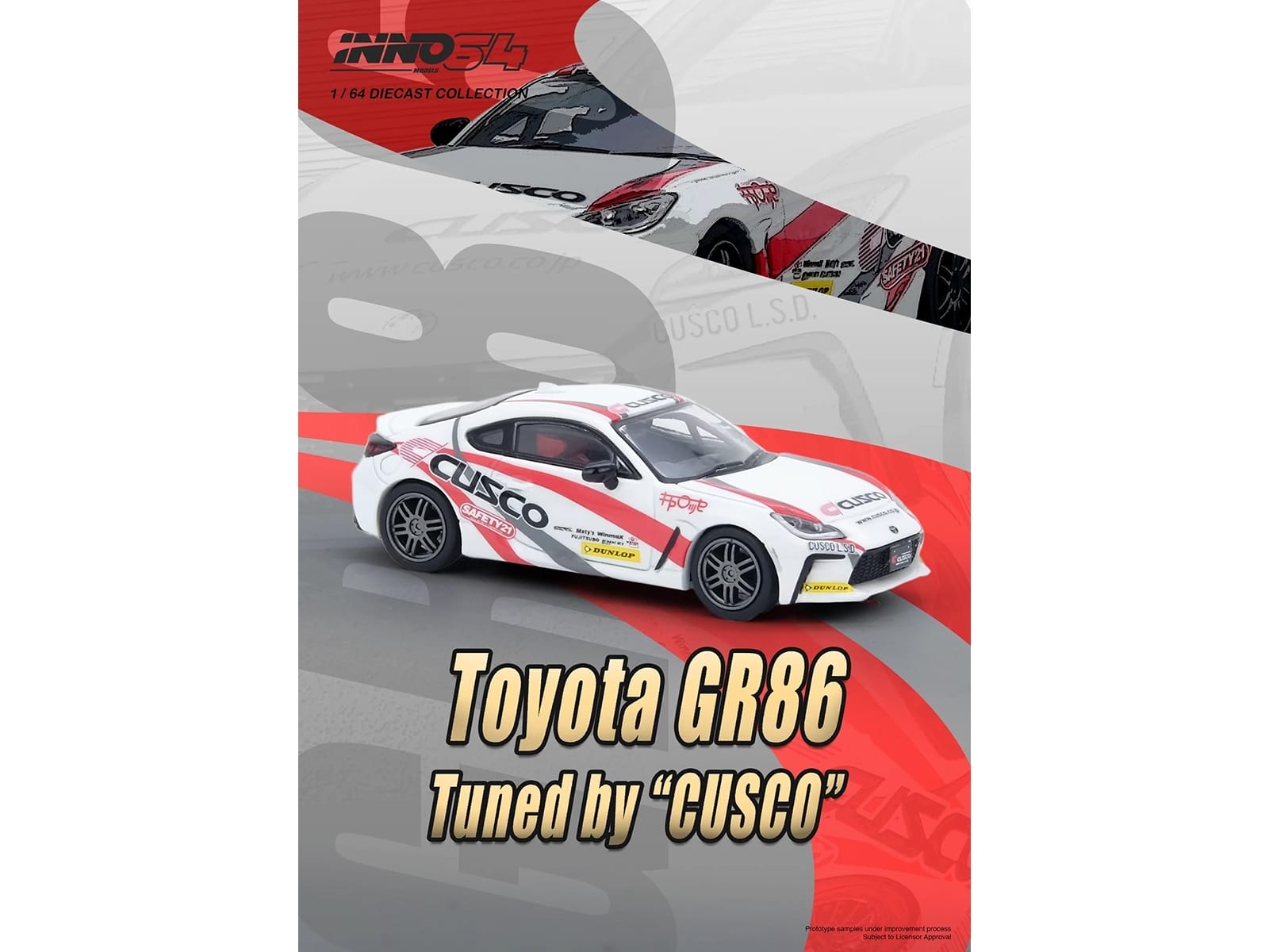 Toyota GR86 Tuned by "CUSCO" RHD (Right Hand Drive) White with Red and Gray Stripes 1/64 Diecast Model Car by Inno Models - Image 4