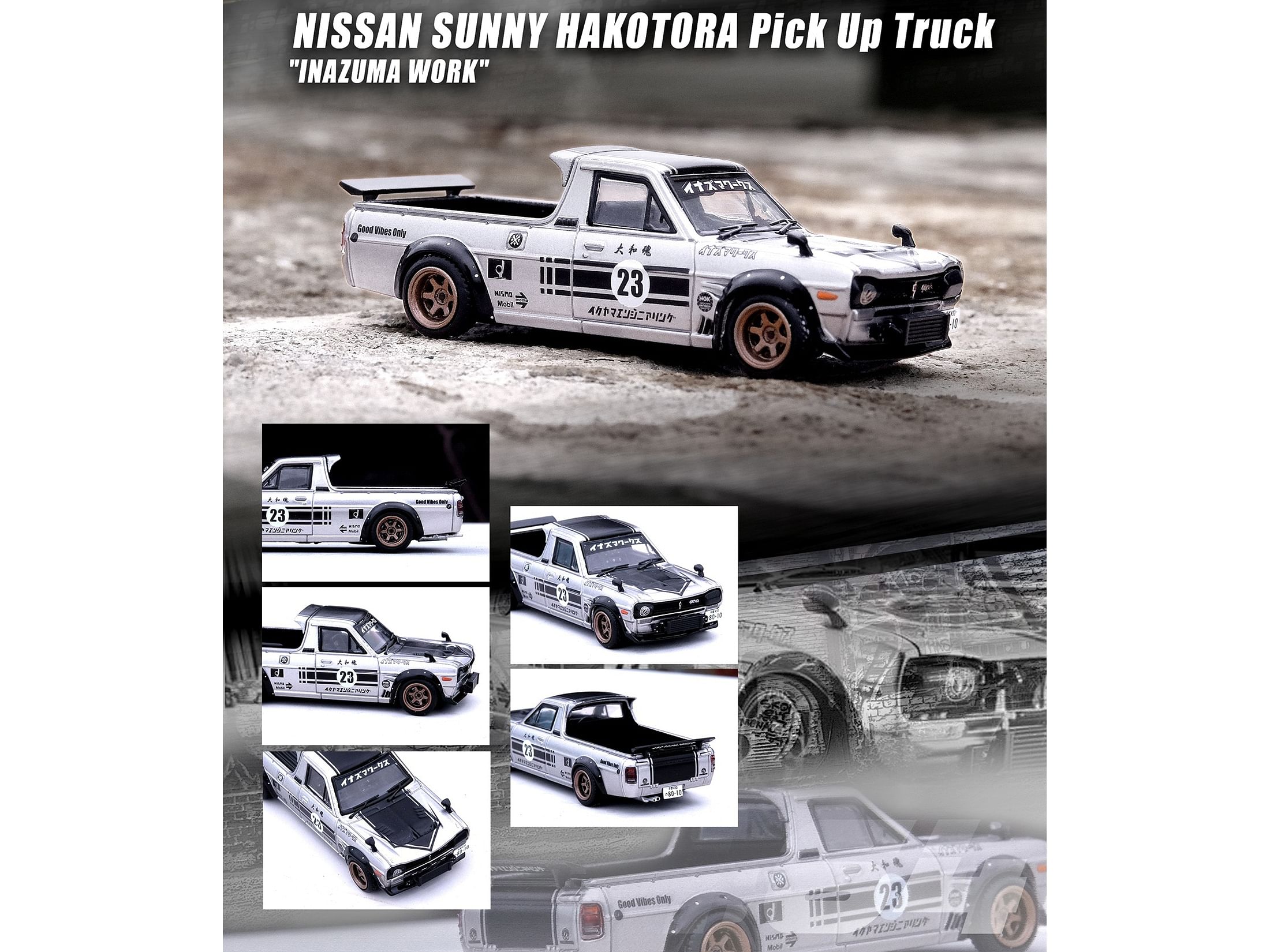 Nissan Sunny Hakotora Pickup Truck RHD (Right Hand Drive) #23 Silver Metallic with Black Graphics “Inazuma Work” 1/64 Diecast Model Car by Inno Models