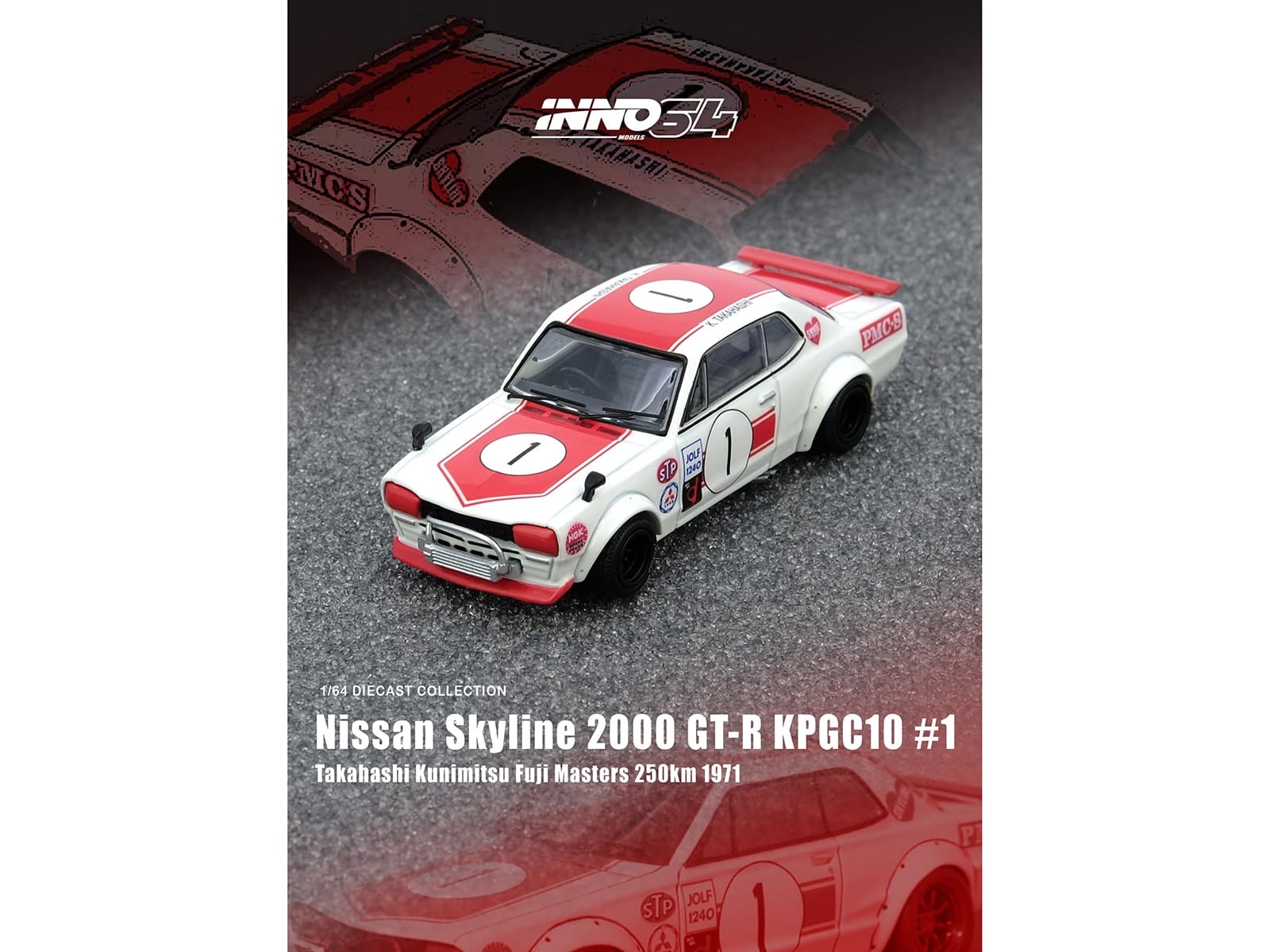Nissan Skyline 2000 GT-R (KPGC10) #1 RHD (Right Hand Drive) Takahashi Kinimitsu "Fuji Masters 250km" (1971) 1/64 Diecast Model Car by Inno Models - Image 3