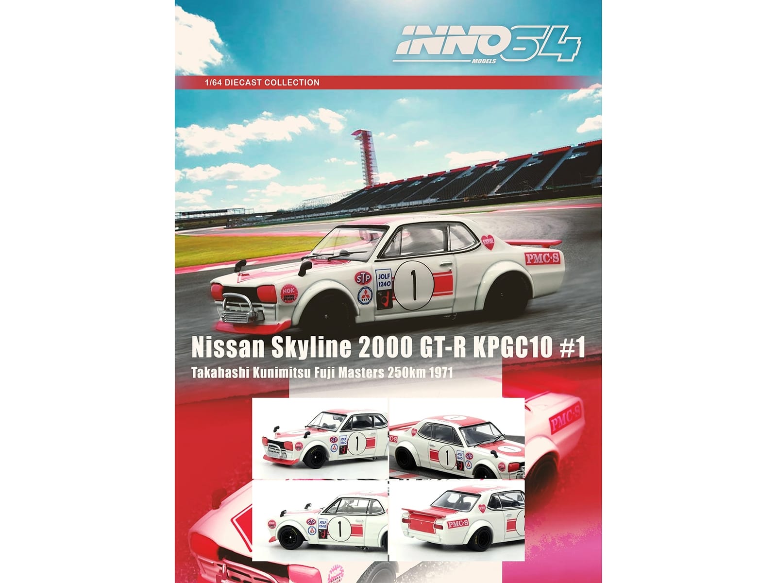 Nissan Skyline 2000 GT-R (KPGC10) #1 RHD (Right Hand Drive) Takahashi Kinimitsu "Fuji Masters 250km" (1971) 1/64 Diecast Model Car by Inno Models - Image 4