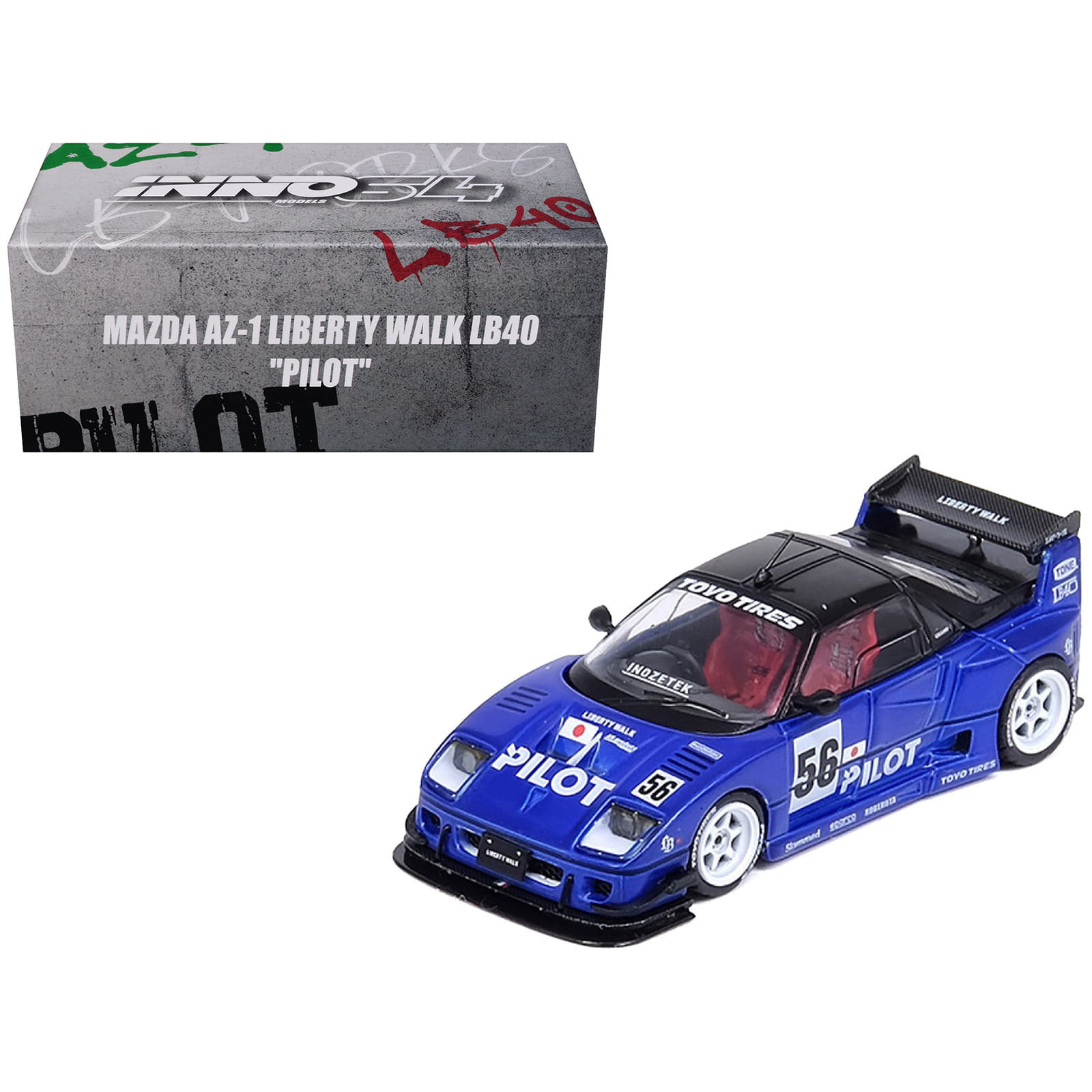 Mazda AZ-1 Liberty Walk LB40 RHD (Right Hand Drive) #56 "Pilot" Blue with Black Top 1/64 Diecast Model Car by Inno Models
