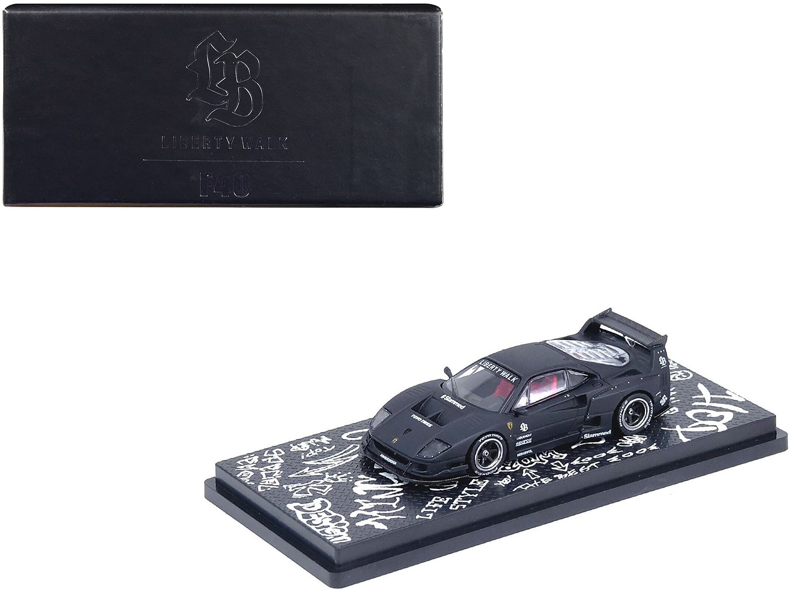 LBWK (Liberty Walk) F40 Matt Black with Graphics “Hong Kong Toycar Salon 2023 Special Edition” 1/64 Diecast Model Car by Inno Models