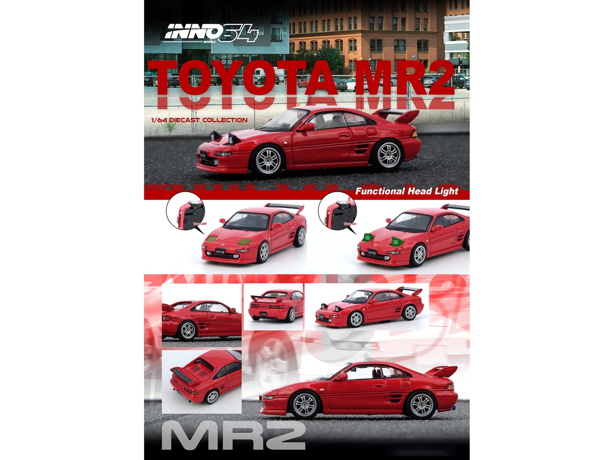 Toyota MR2 (SW20) RHD (Right Hand Drive) Red 1/64 Diecast Model Car by Inno Models - Image 5