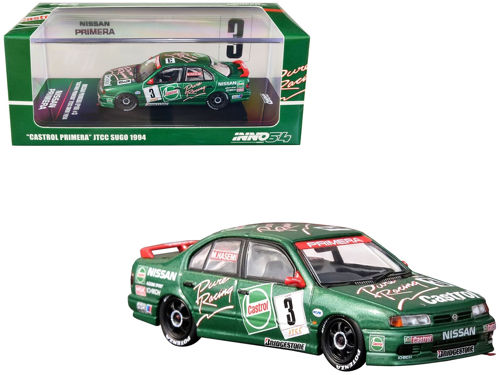 Nissan Primera (P10) RHD (Right Hand Drive) #3 Masahiro Hasemi “Castrol Primera” JTCC (Japanese Touring Car Championship) Sugo (1994) 1/64 Diecast Model Car by Inno Models