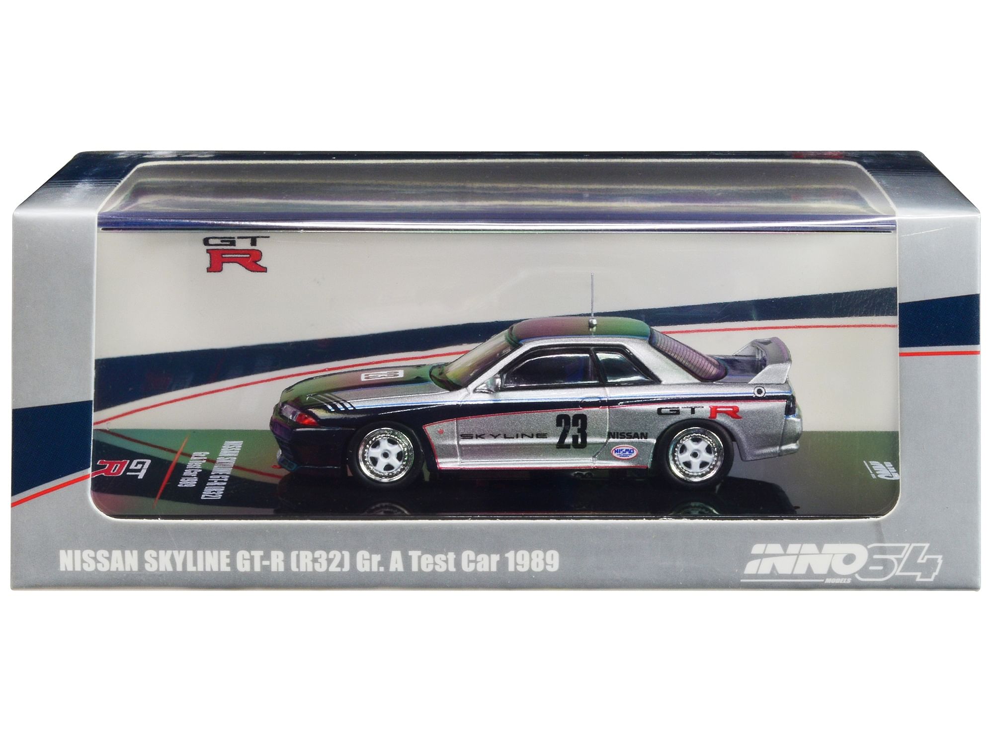 Nissan Skyline GT-R (R32) RHD (Right Hand Drive) #23 Silver Metallic with Black Graphics “Gr. A Test Car” (1989) 1/64 Diecast Model Car by Inno Models