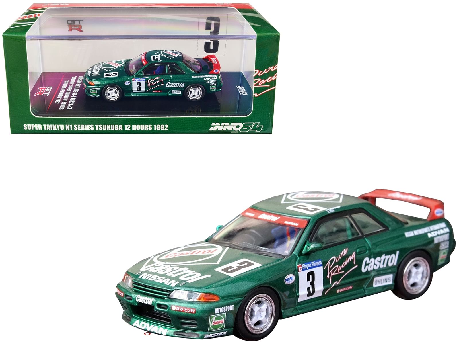 Nissan Skyline GT-R (R32) RHD (Right Hand Drive) #3 Hideo Fukuyama – Akira Iida “Castrol” “Super Taikyu N1 Series” Tsukuba 12 Hours (1992) 1/64 Diecast Model Car by Inno Models