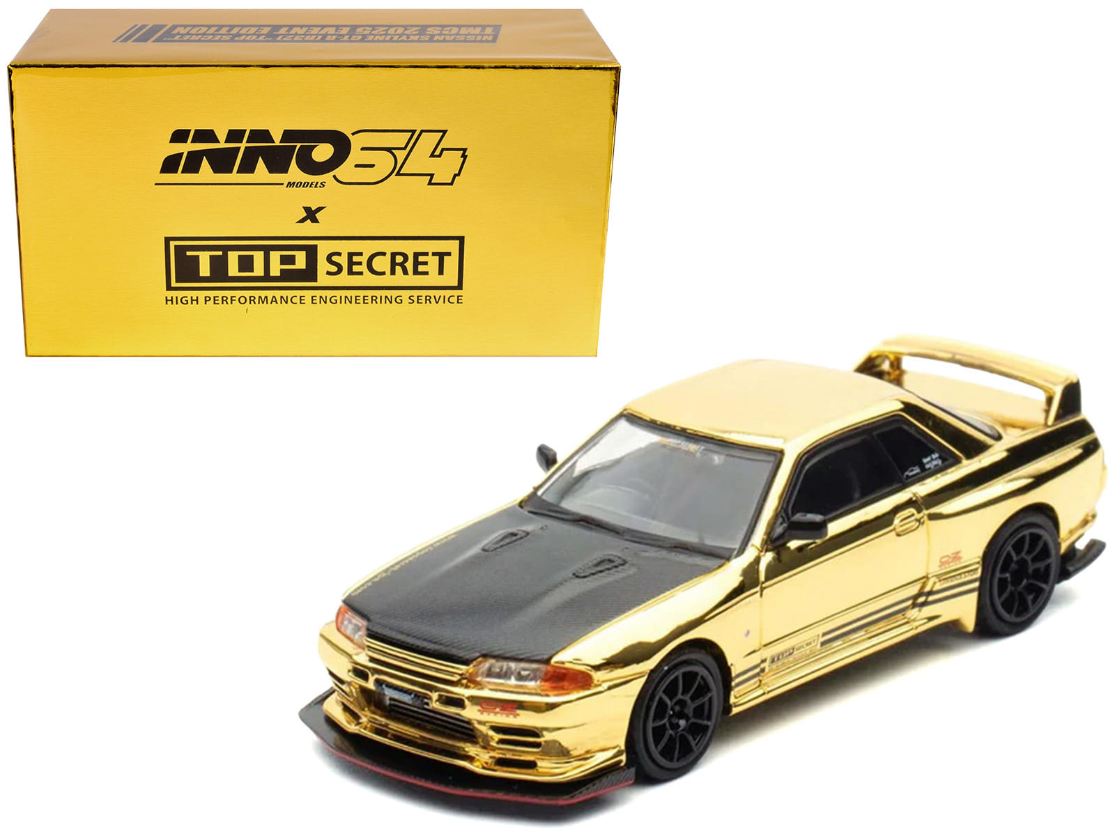Nissan Skyline GT-R (R32) "Top Secret" RHD (Right Hand Drive) Chrome Gold with Carbon Hood "The Model Car Show Malaysia 2025 Event Edition" 1/64 Diecast Model Car by Inno Models