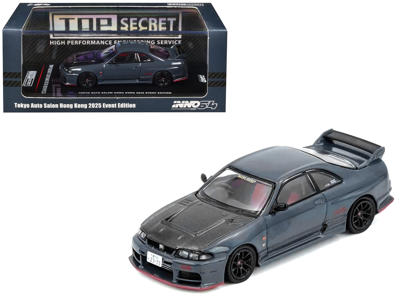 Nissan Top Secret Skyline GT-R (BCNR33) RHD (Right Hand Drive) Stealth Gray with Carbon Hood "Tokyo Auto Salon Hong Kong 2025 Event Edition" 1/64 Diecast Model Car by Inno Models