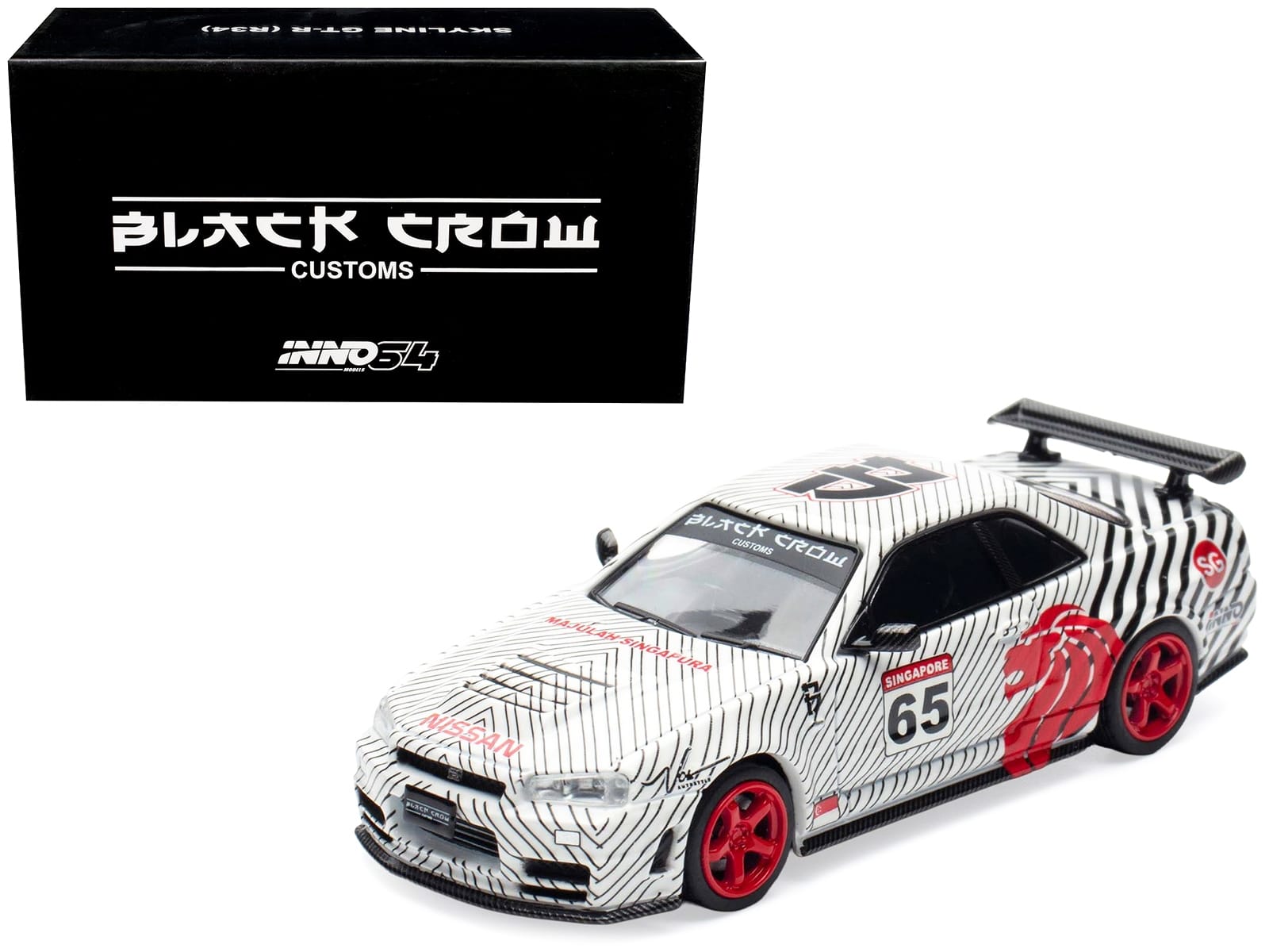 Nissan Skyline GT-R (R34) RHD (Right Hand Drive) #65 "Black Crow" White with Black Pinstripes "Singapore Diecast Expo 2025 Event Edition" 1/64 Diecast Model Car by Inno Models