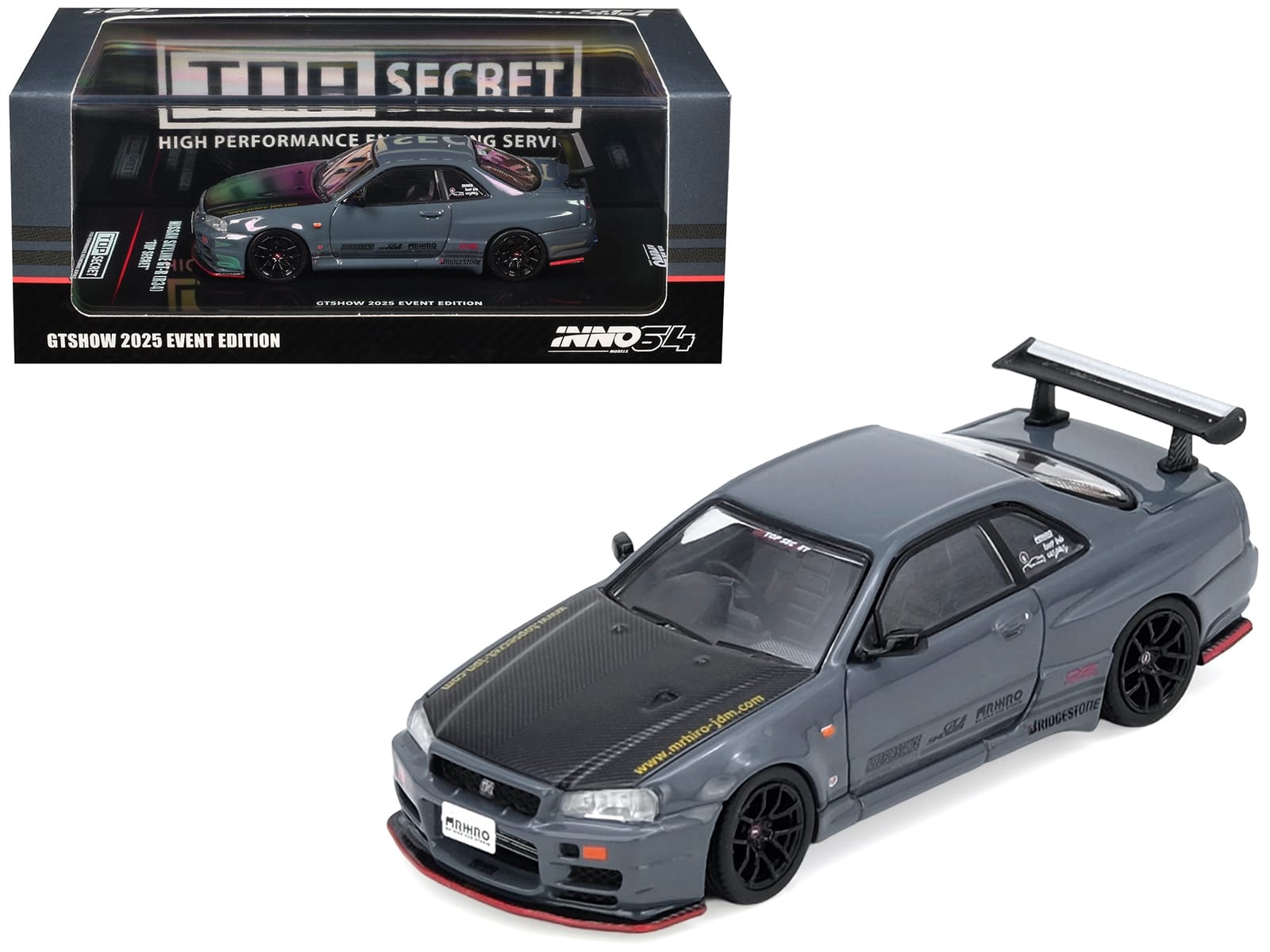 Nissan Skyline GT-R (R34) "Top Secret" RHD (Right Hand Drive) Stealth Gray with Carbon Hood "GTSHOW 2025 Event Edition" 1/64 Diecast Model Car by Inno Models